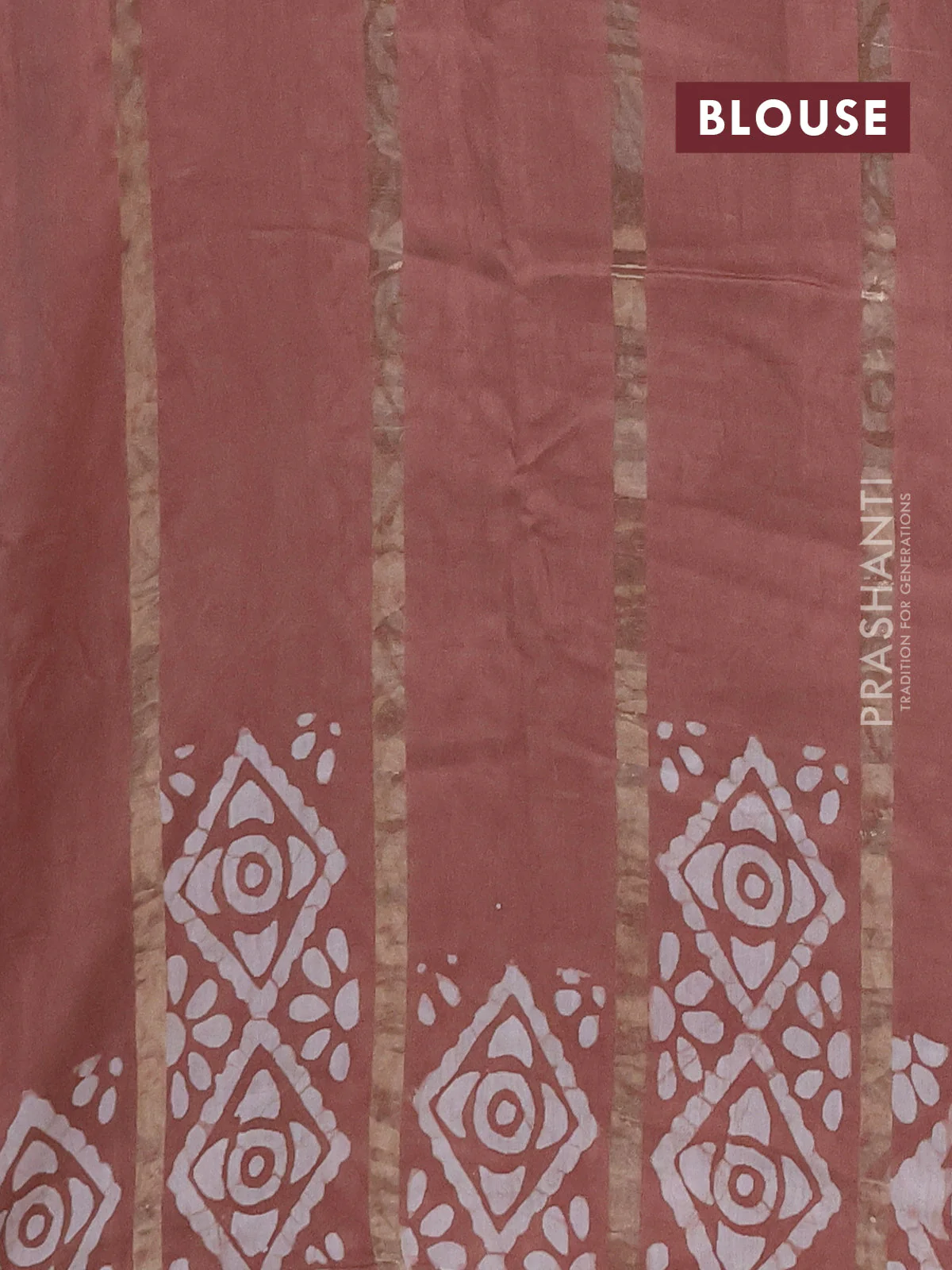 Semi chanderi saree pastel brown with allover zari strips & batik butta prints in borderless style - Image 4