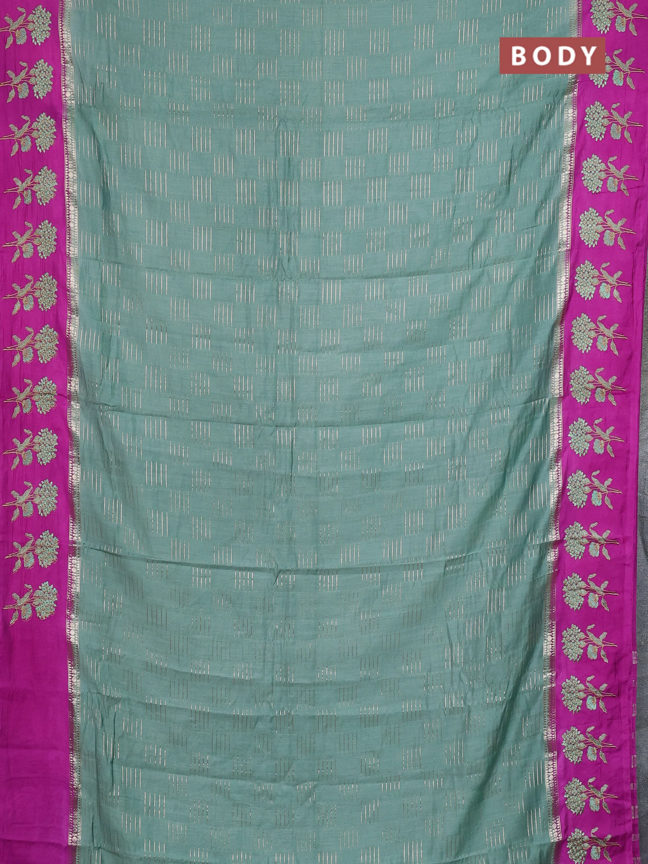 Semi chanderi saree pastel green and purple shade with allover zari weaves and embroidery border - Image 2