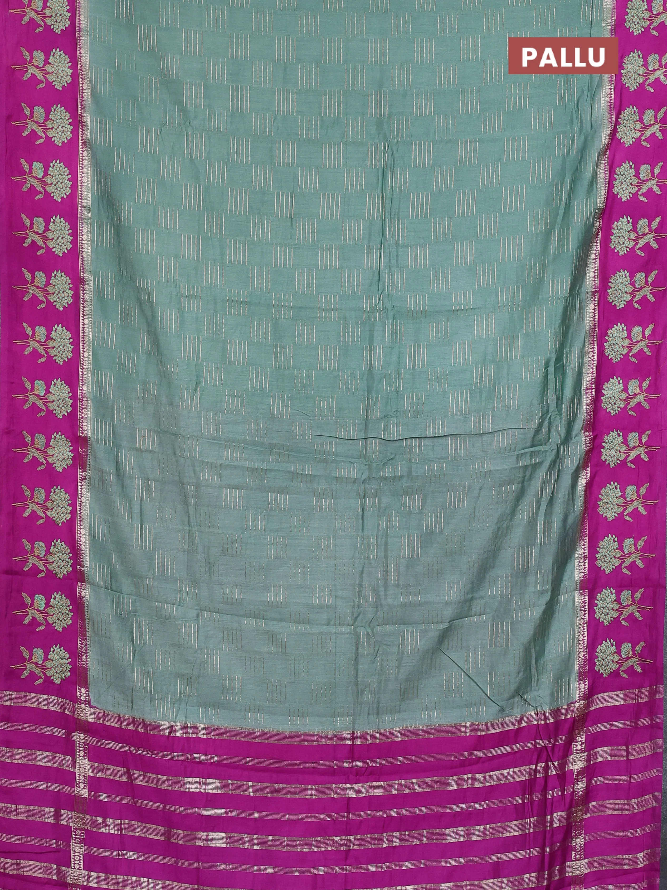 Semi chanderi saree pastel green and purple shade with allover zari weaves and embroidery border - Image 3
