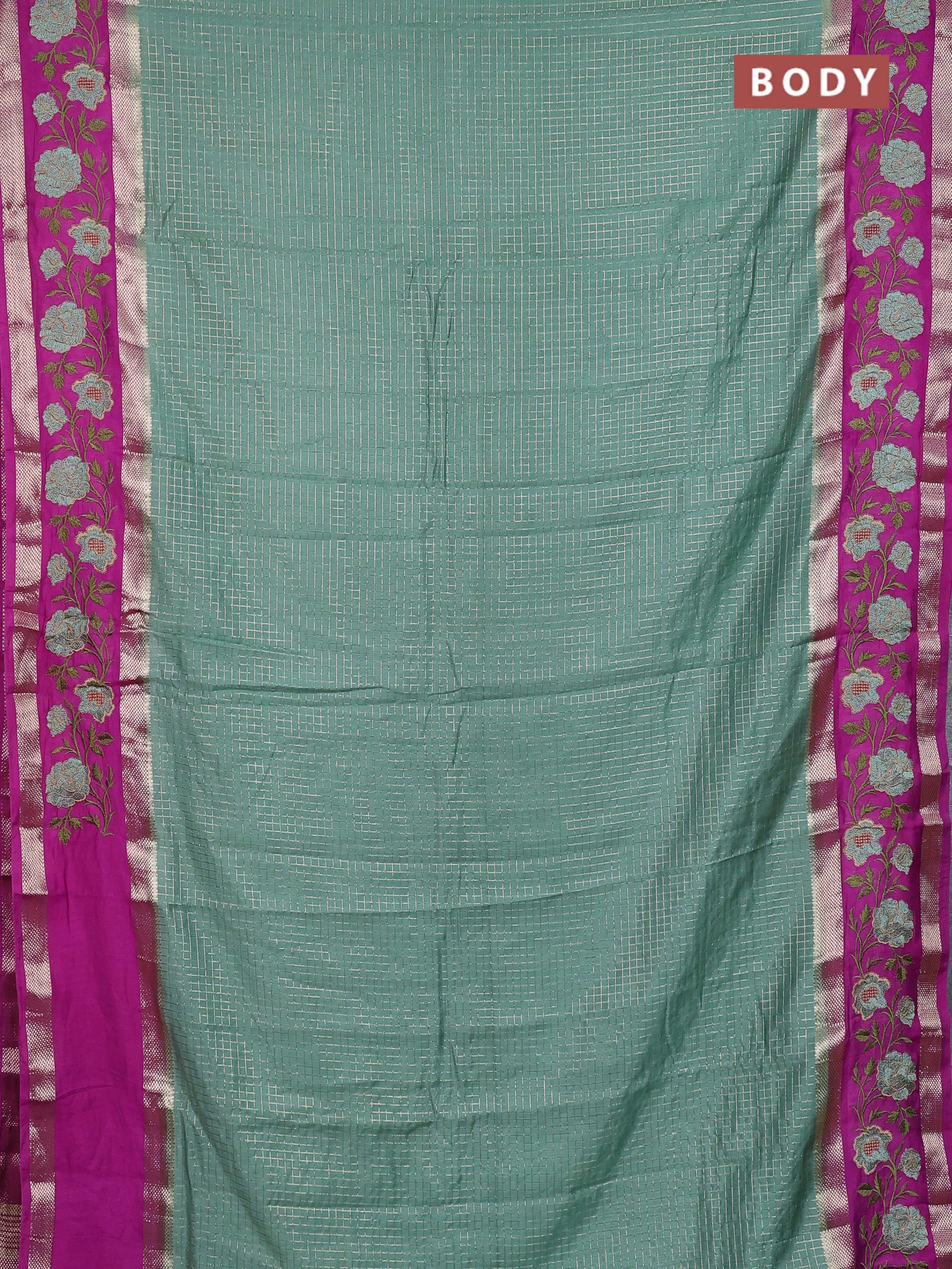 Semi chanderi saree pastel green and purple shade with allover zari woven checked pattern and embroidery zari border - Image 2