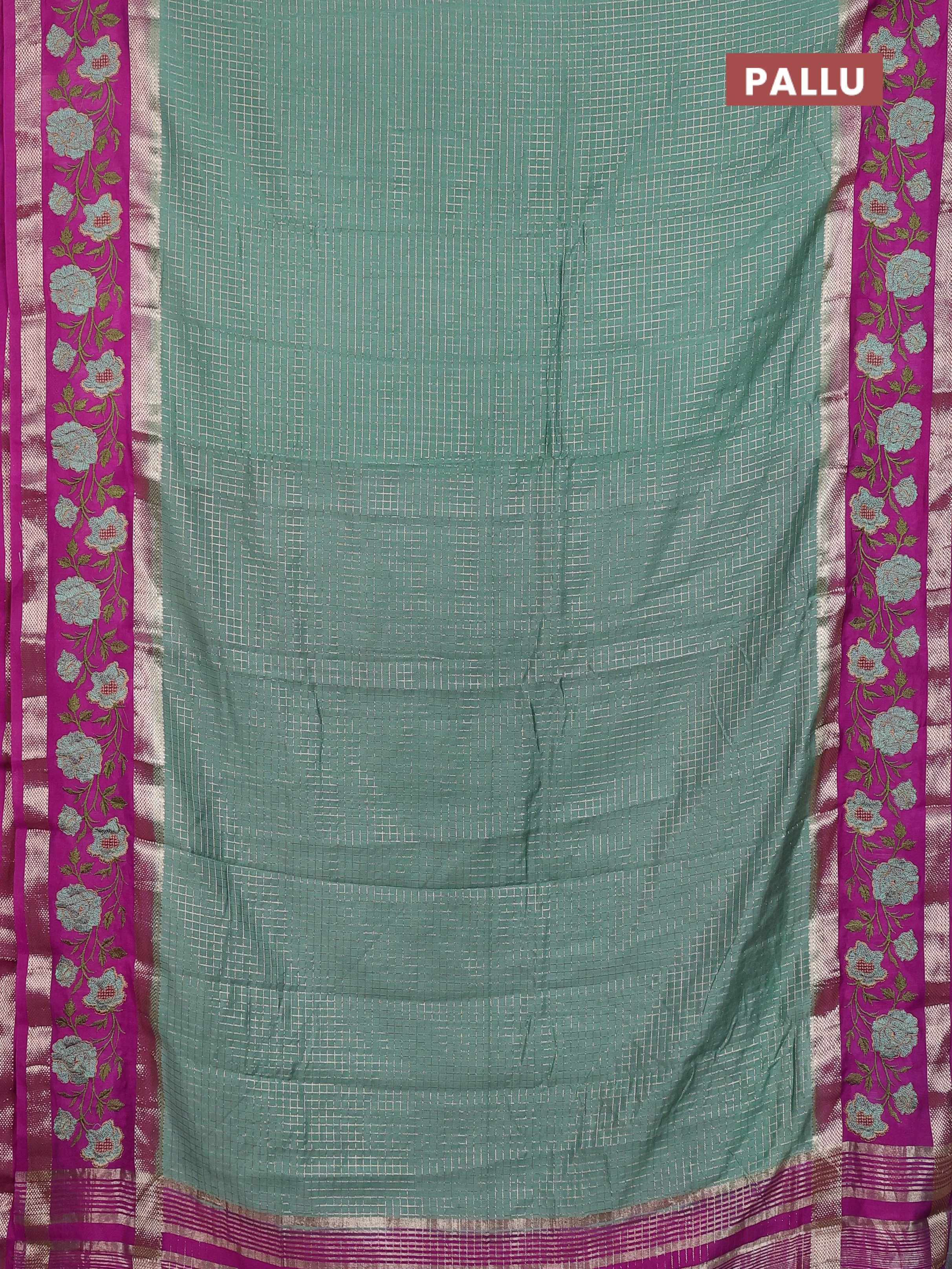 Semi chanderi saree pastel green and purple shade with allover zari woven checked pattern and embroidery zari border - Image 3