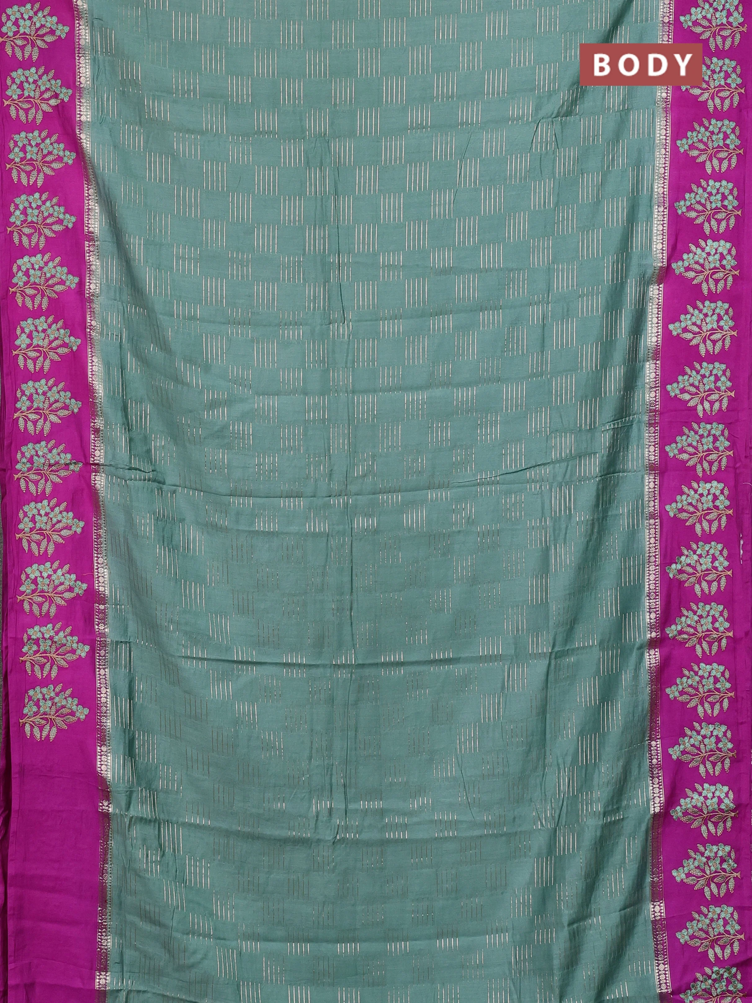 Semi chanderi saree pastel green and purple with allover zari weaves and embroidery border - Image 2