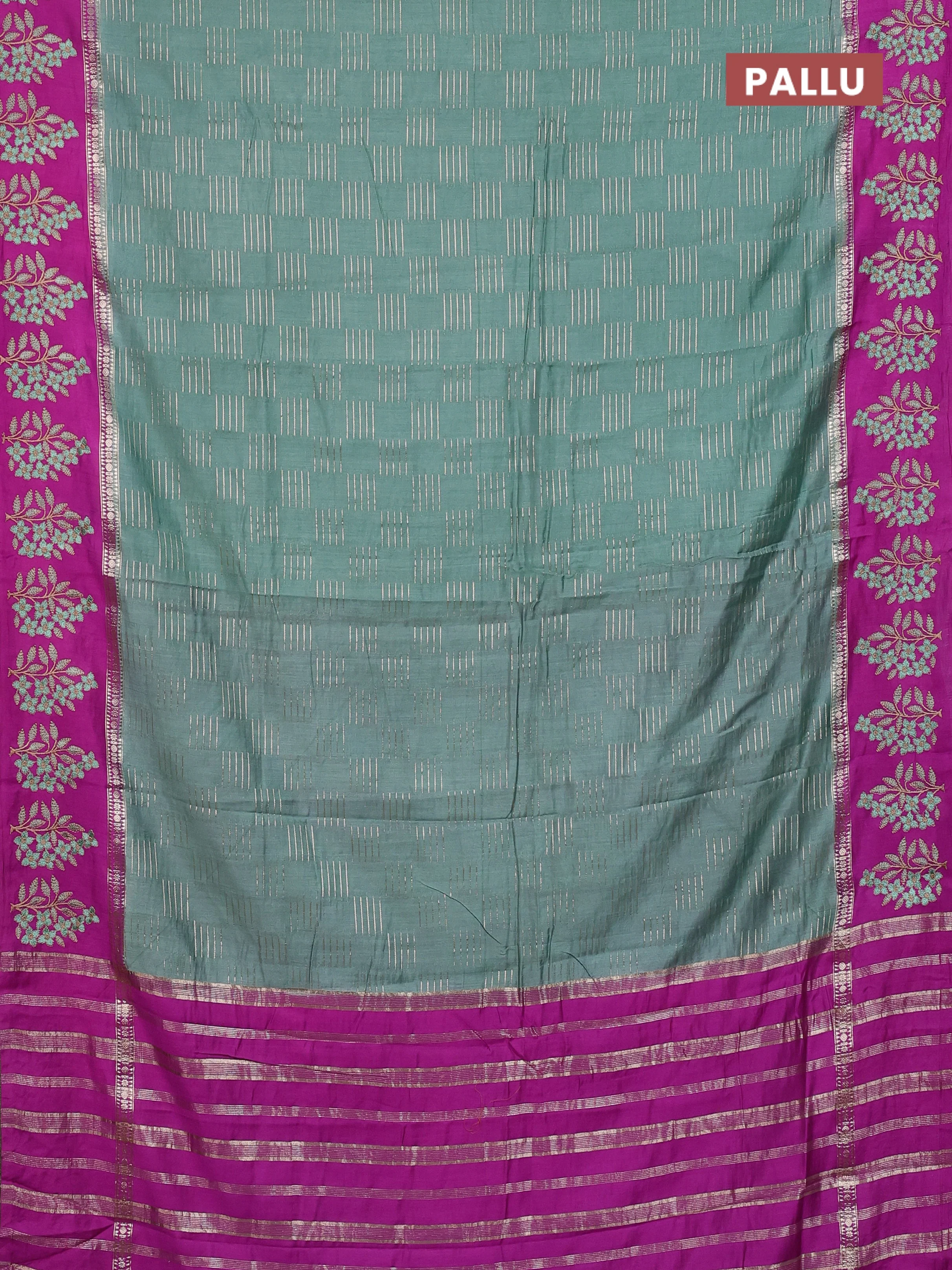Semi chanderi saree pastel green and purple with allover zari weaves and embroidery border - Image 3
