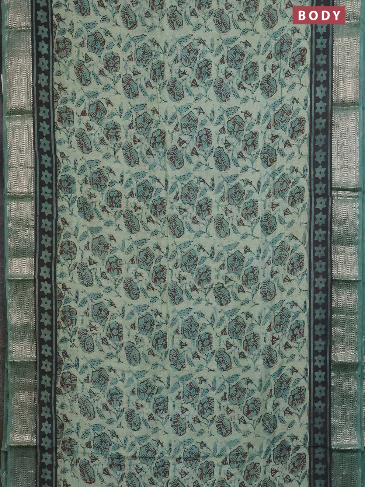 Semi chanderi saree pastel green and teal green shade with allover kalamkari prints and zari woven border - Image 2