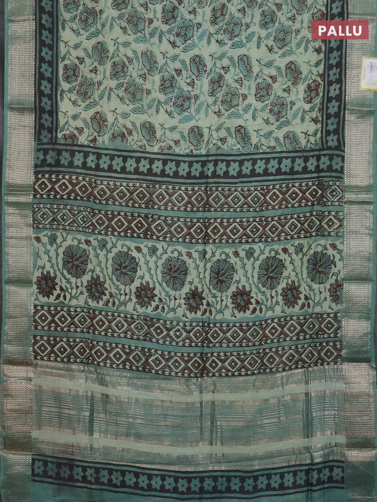 Semi chanderi saree pastel green and teal green shade with allover kalamkari prints and zari woven border - Image 3
