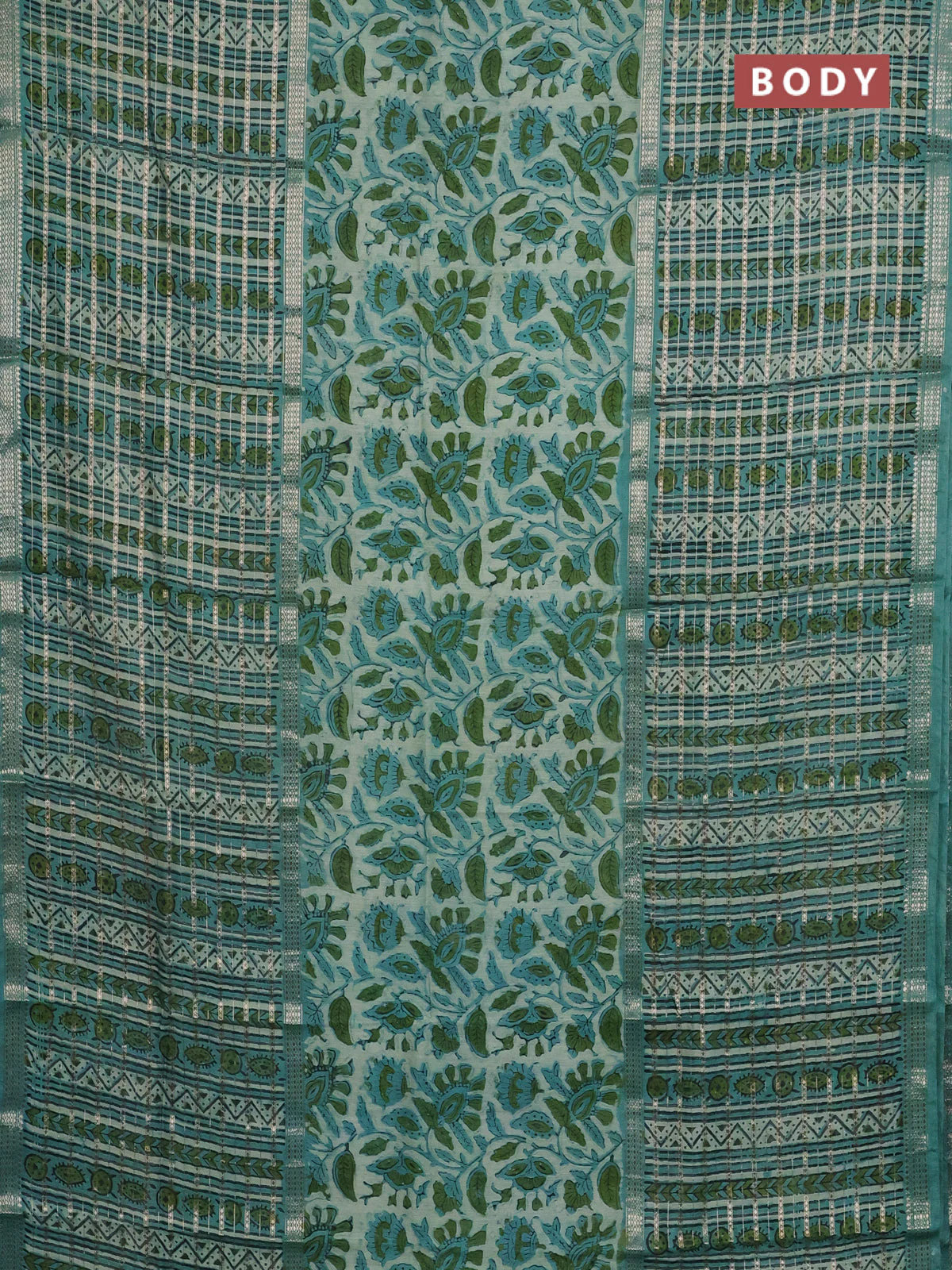 Semi chanderi saree pastel green and teal green shade with kalamkari prints and long printed zari woven border - Image 2
