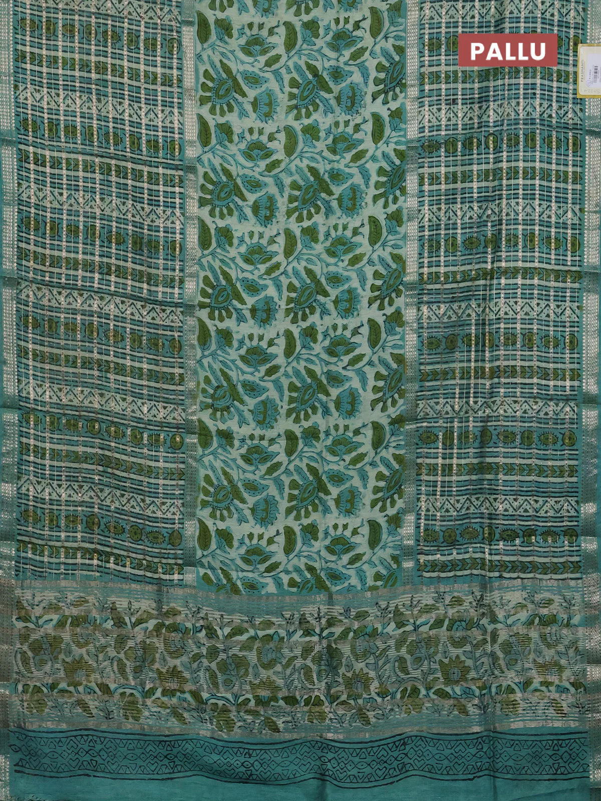 Semi chanderi saree pastel green and teal green shade with kalamkari prints and long printed zari woven border - Image 3