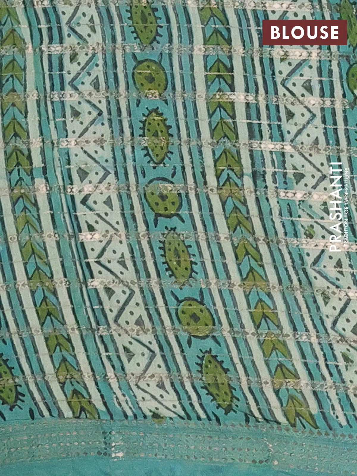 Semi chanderi saree pastel green and teal green shade with kalamkari prints and long printed zari woven border - Image 4