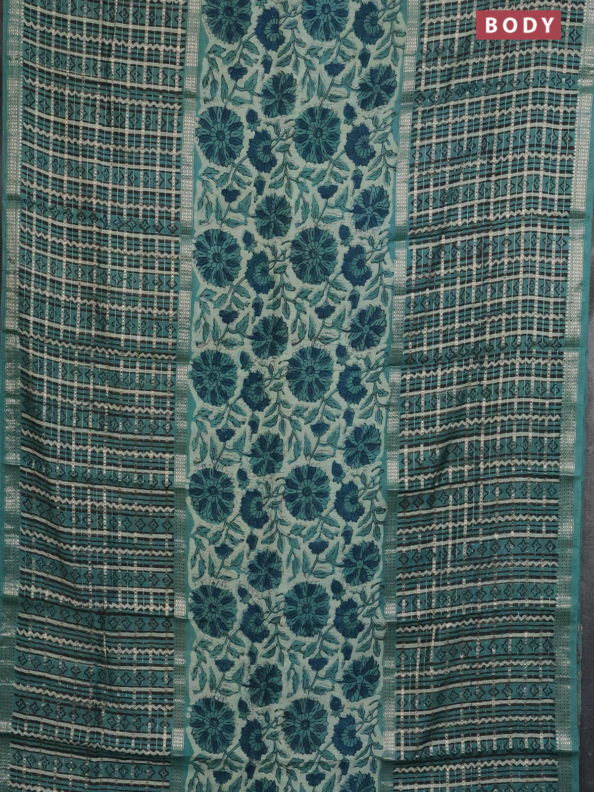 Semi chanderi saree pastel green and teal green with allover kalamkari prints and long printed zari border - Image 2