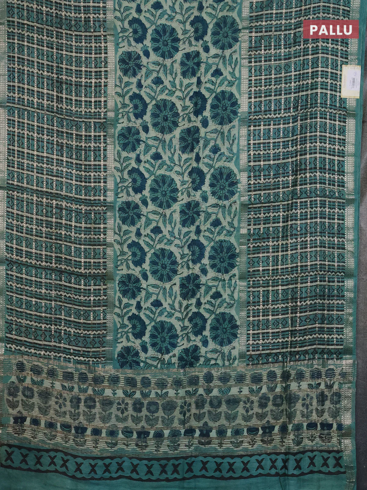 Semi chanderi saree pastel green and teal green with allover kalamkari prints and long printed zari border - Image 3