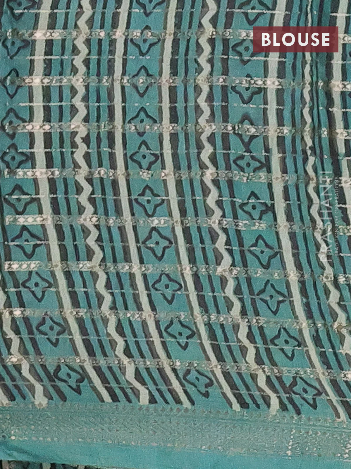 Semi chanderi saree pastel green and teal green with allover kalamkari prints and long printed zari border - Image 4
