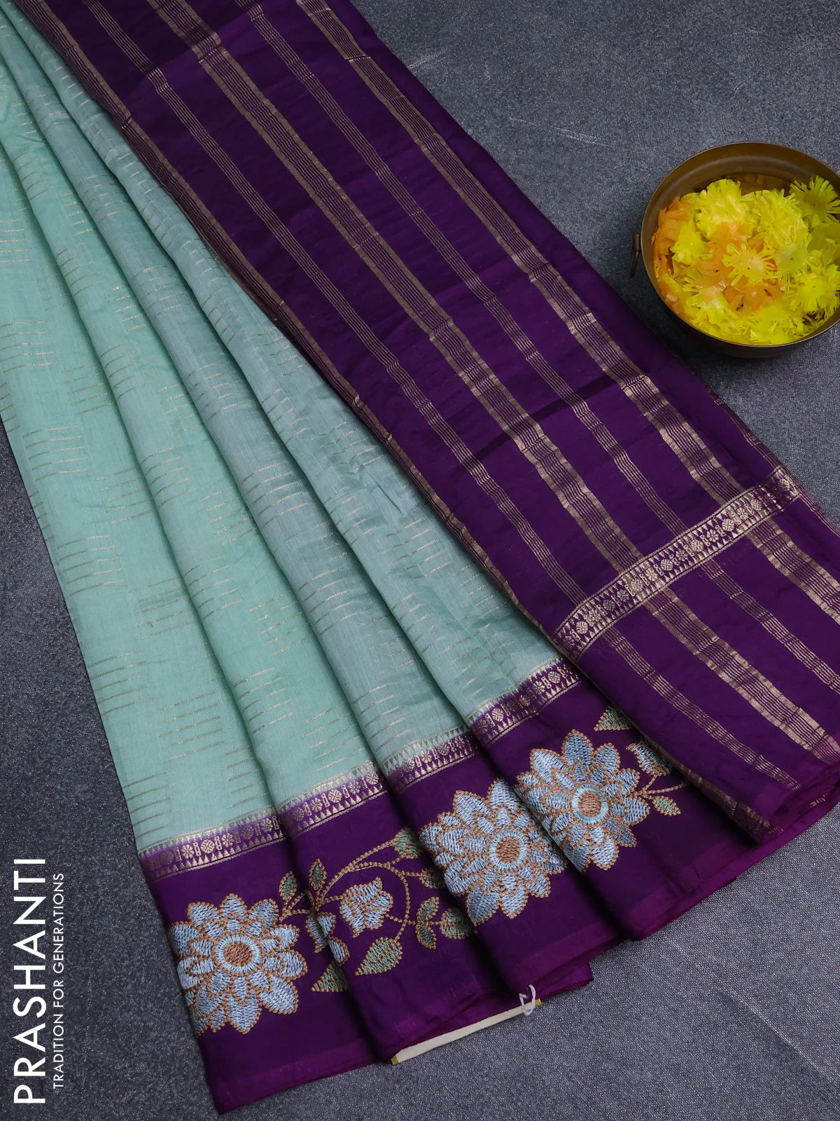 Semi chanderi saree pastel green and violet with allover zari weaves and embroidery border