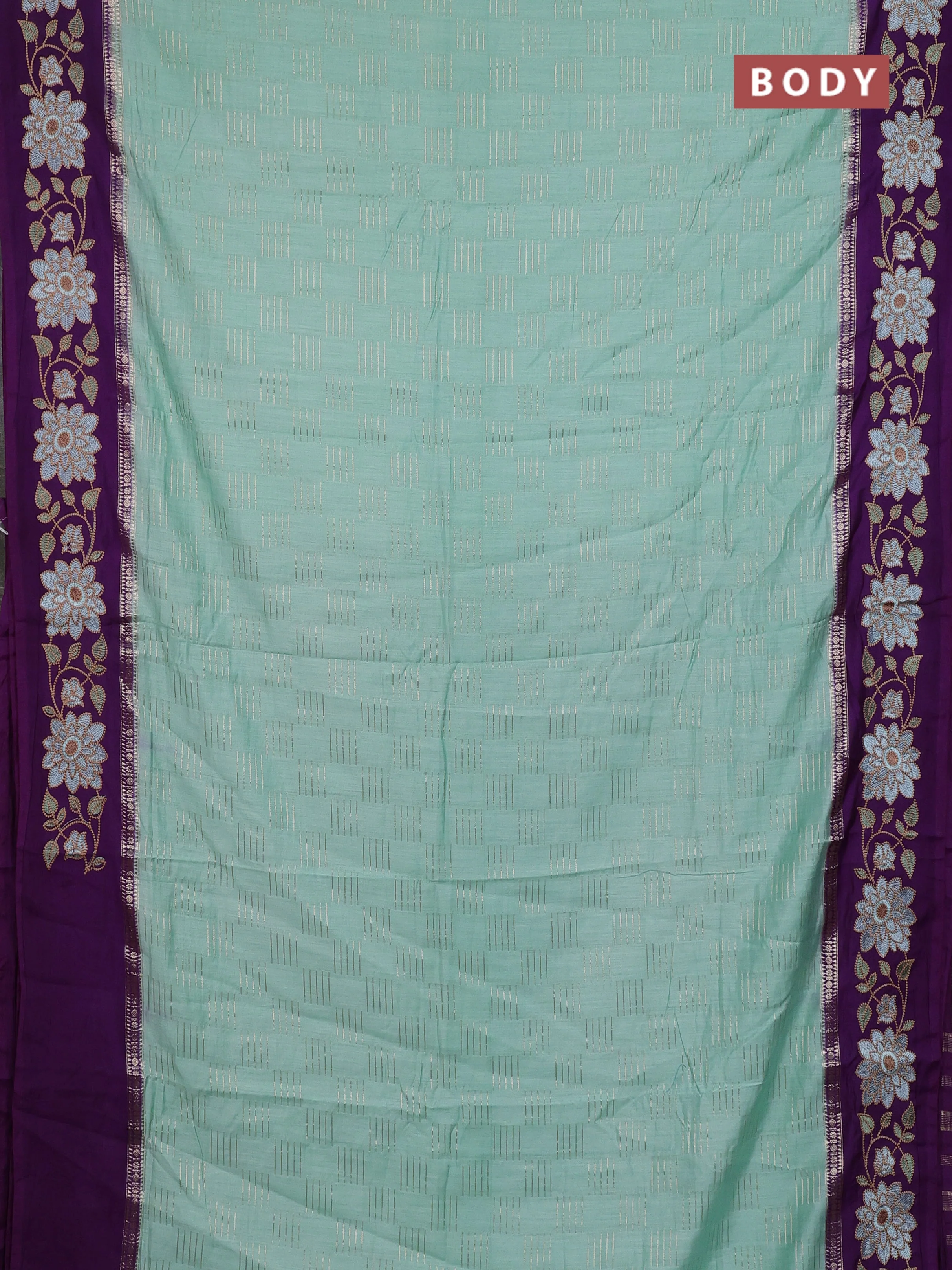 Semi chanderi saree pastel green and violet with allover zari weaves and embroidery border - Image 2
