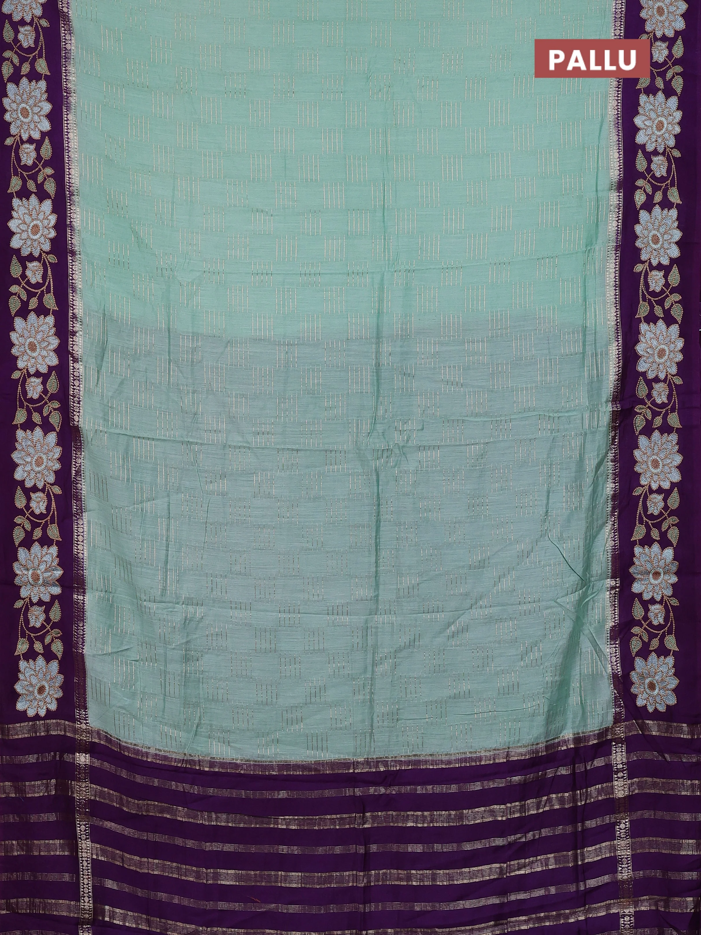 Semi chanderi saree pastel green and violet with allover zari weaves and embroidery border - Image 3