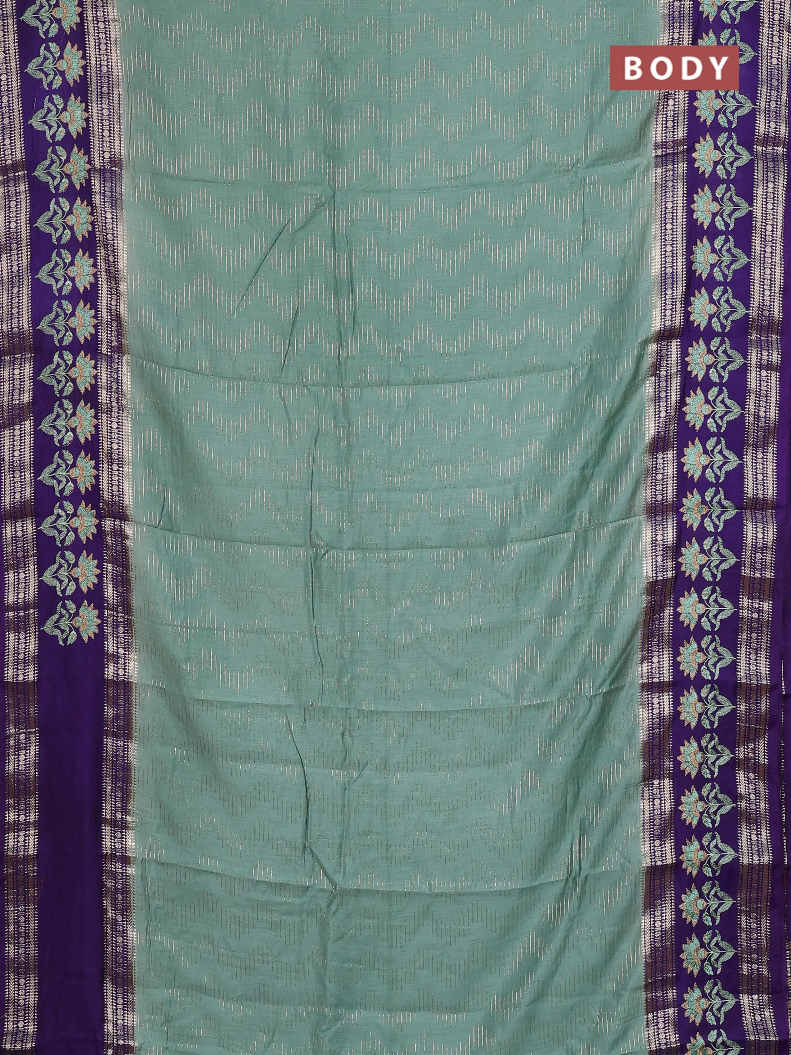 Semi chanderi saree pastel green and violet with allover zari weaves and embroidery zari border - Image 2