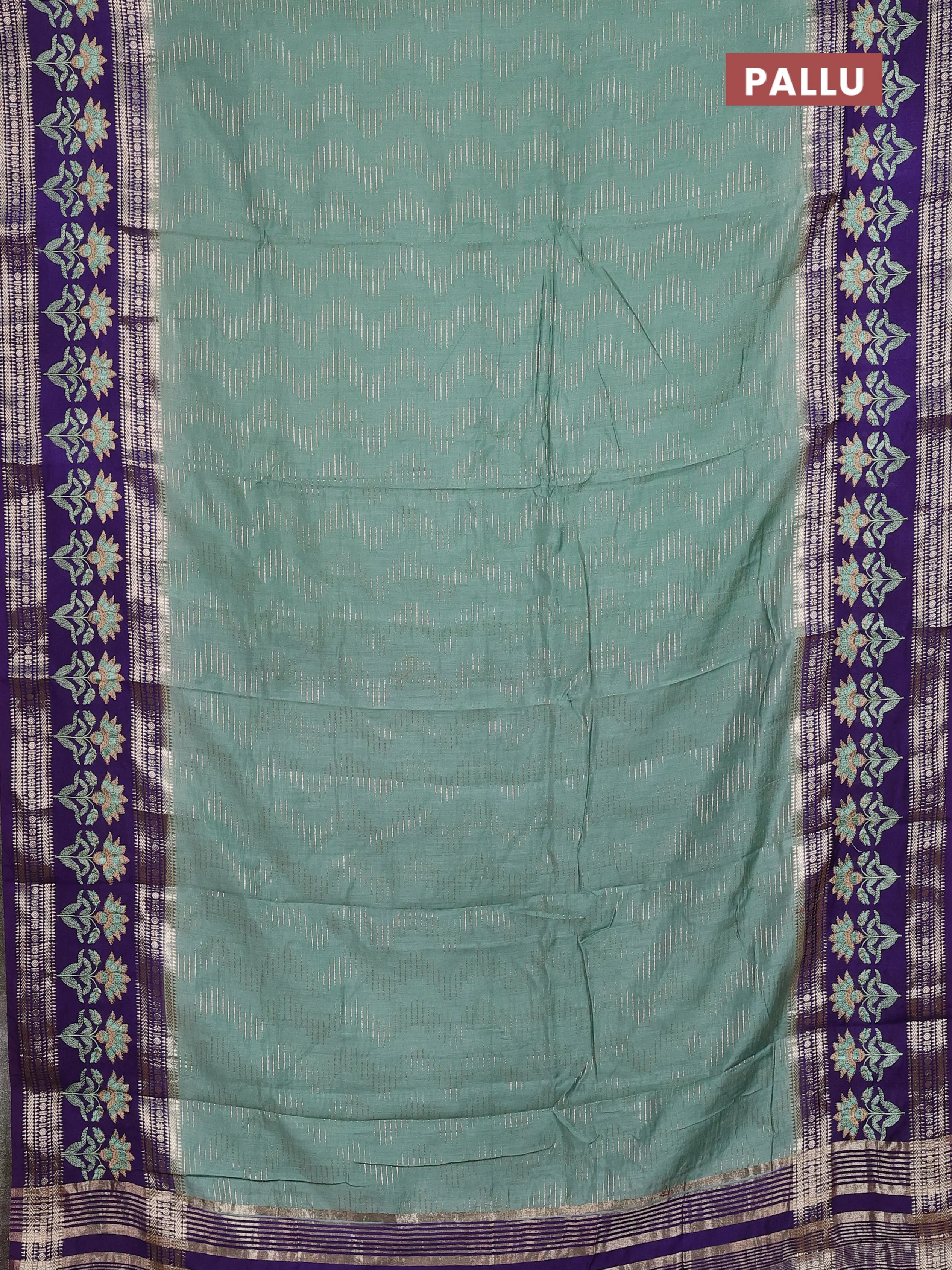 Semi chanderi saree pastel green and violet with allover zari weaves and embroidery zari border - Image 3