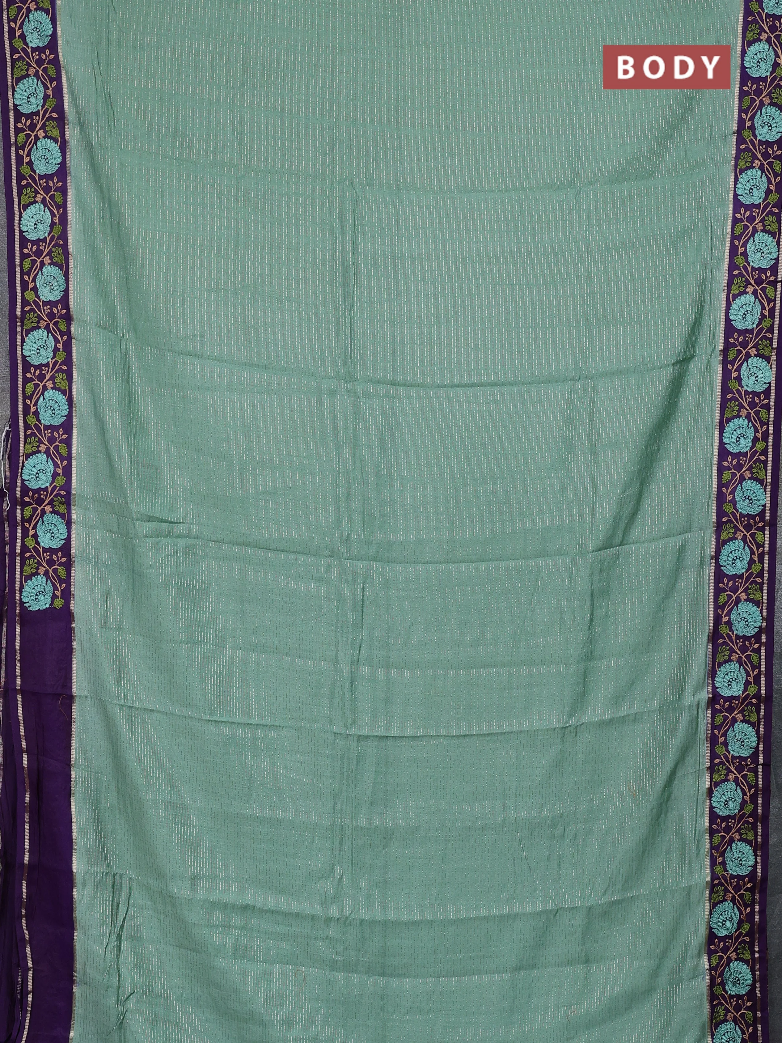Semi chanderi saree pastel green and violet with allover zari weaves and embroidery zari border - Image 2