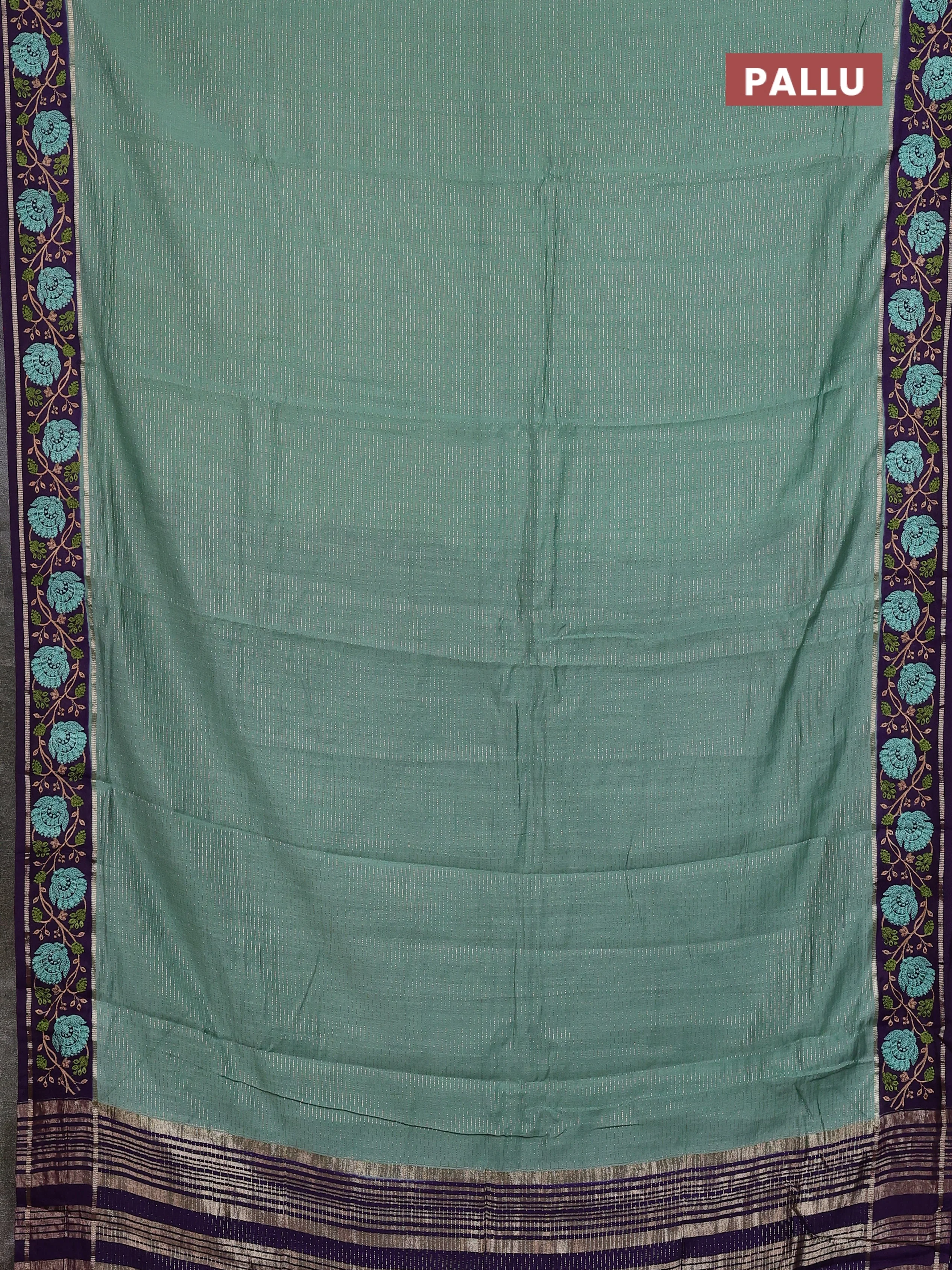 Semi chanderi saree pastel green and violet with allover zari weaves and embroidery zari border - Image 3