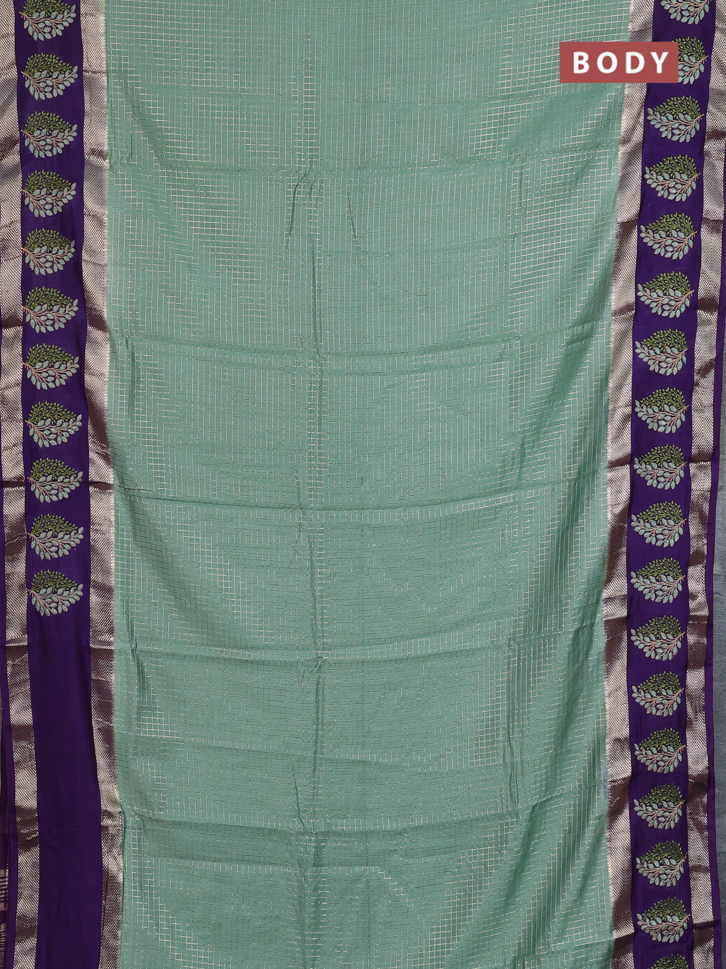 Semi chanderi saree pastel green and violet with allover zari woven checked pattern and embroidery zari border - Image 2