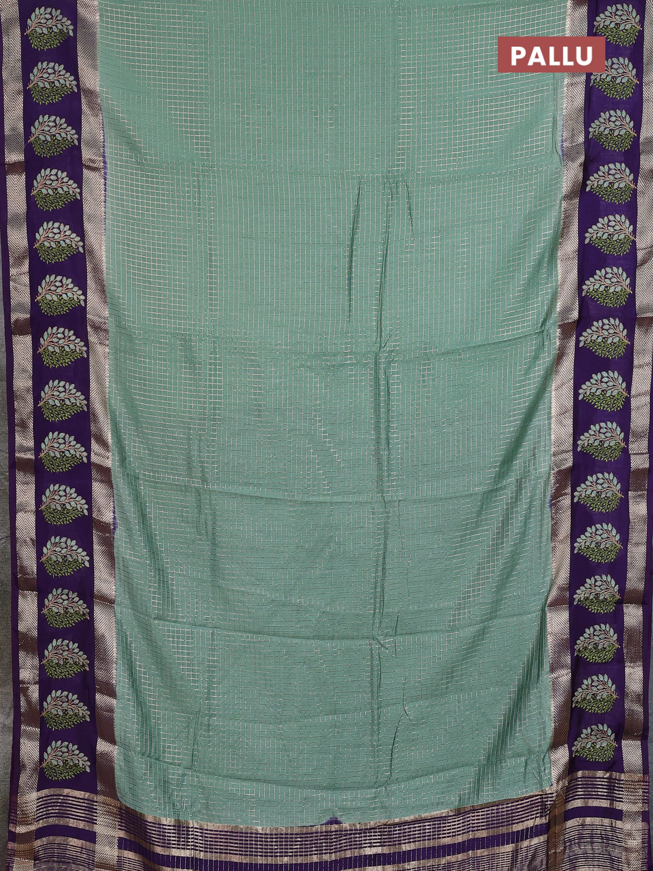 Semi chanderi saree pastel green and violet with allover zari woven checked pattern and embroidery zari border - Image 3