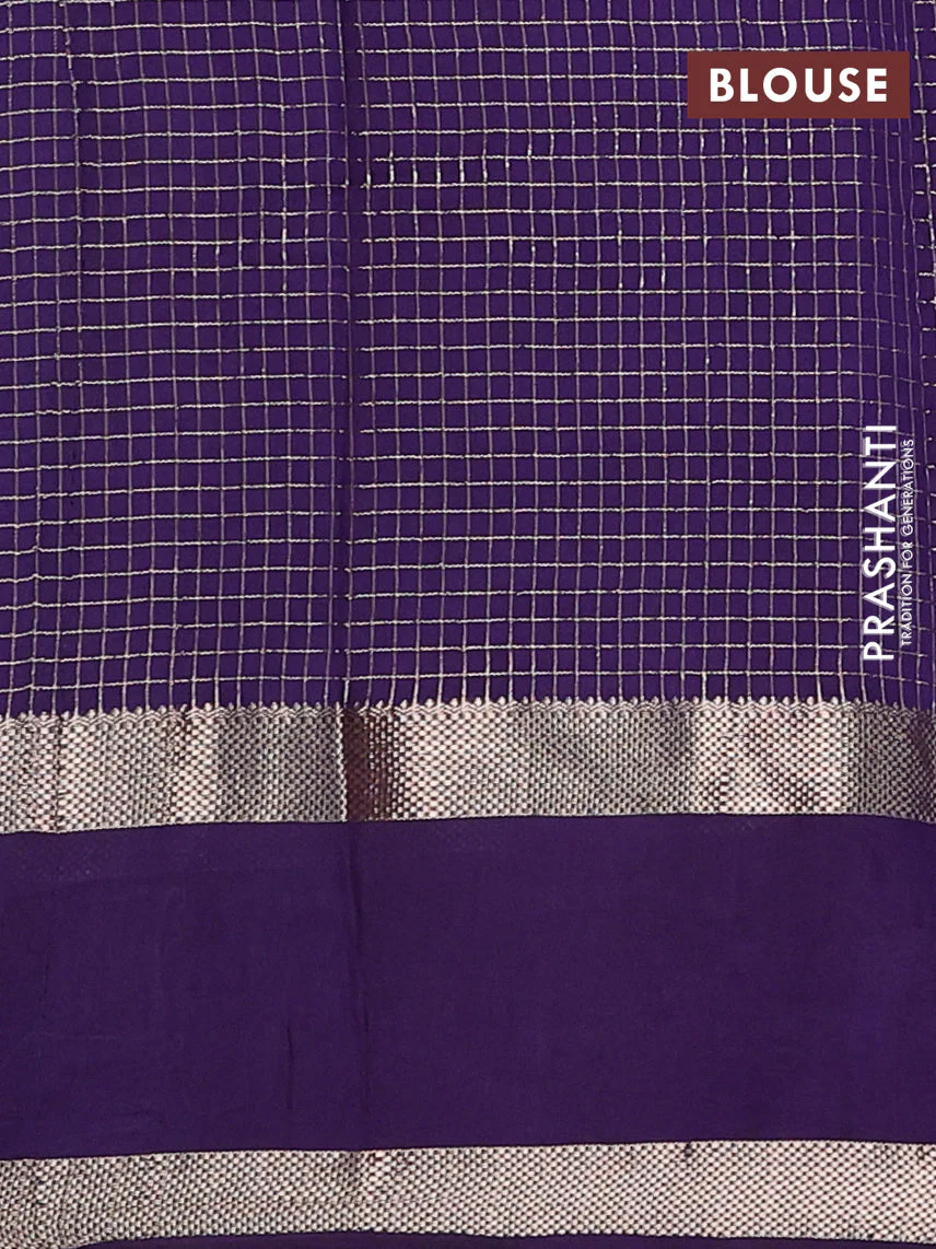Semi chanderi saree pastel green and violet with allover zari woven checked pattern and embroidery zari border - Image 4
