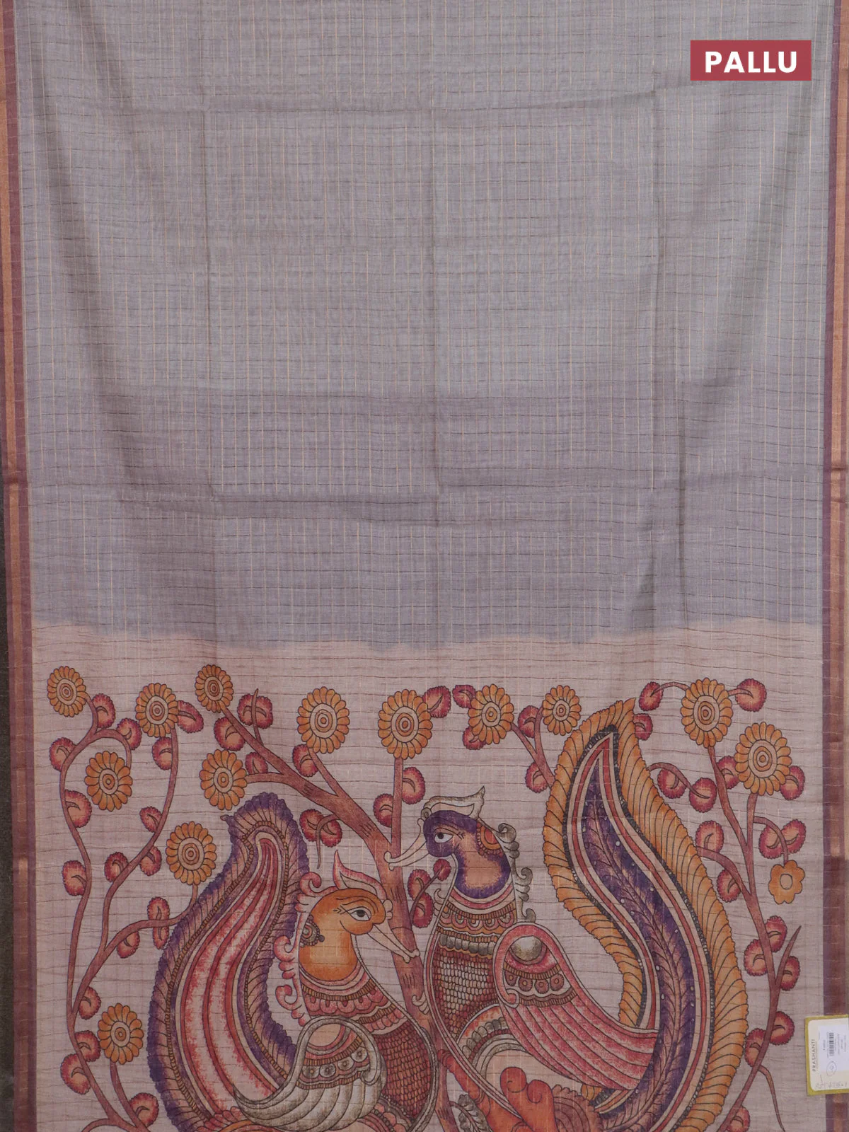 Semi chanderi saree pastel grey and rosy brown with allover zari woven checked pattern and kalamkari printed pallu - Image 3