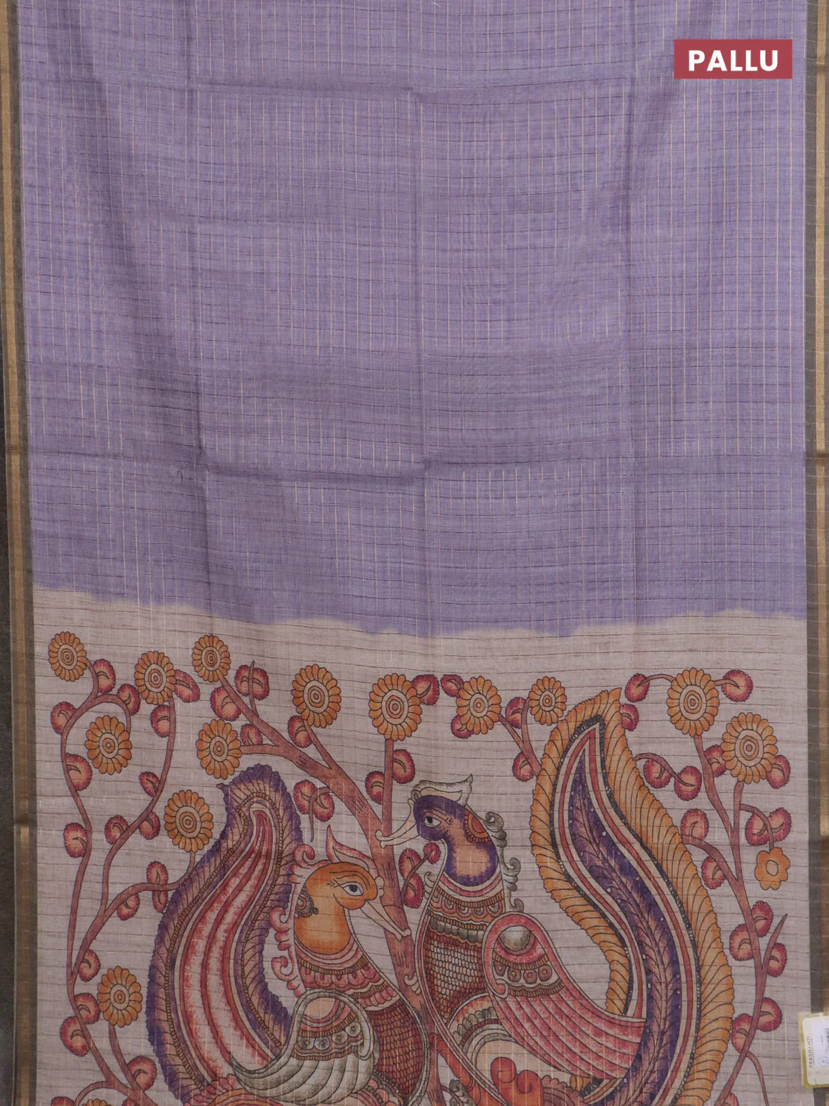 Semi chanderi saree pastel lavender and sap green with allover zari woven checked pattern and kalamkari printed pallu - Image 3