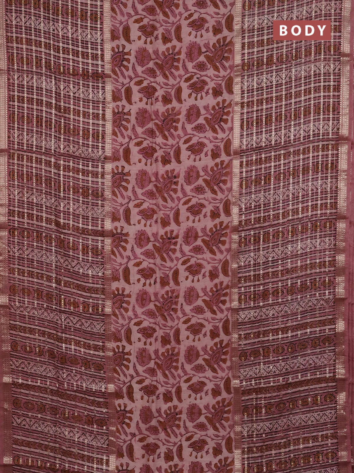 Semi chanderi saree pastel peach and peach pink with kalamkari prints and long printed zari woven border - Image 2