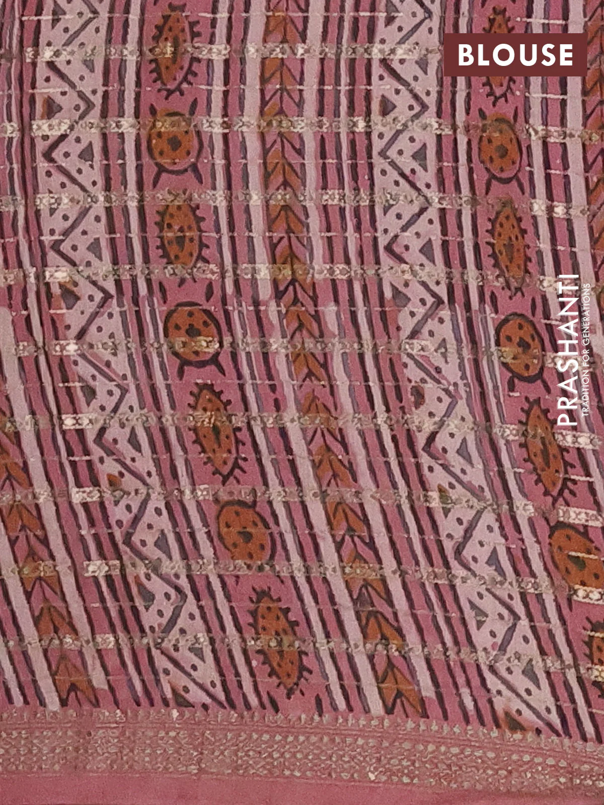 Semi chanderi saree pastel peach and peach pink with kalamkari prints and long printed zari woven border - Image 4
