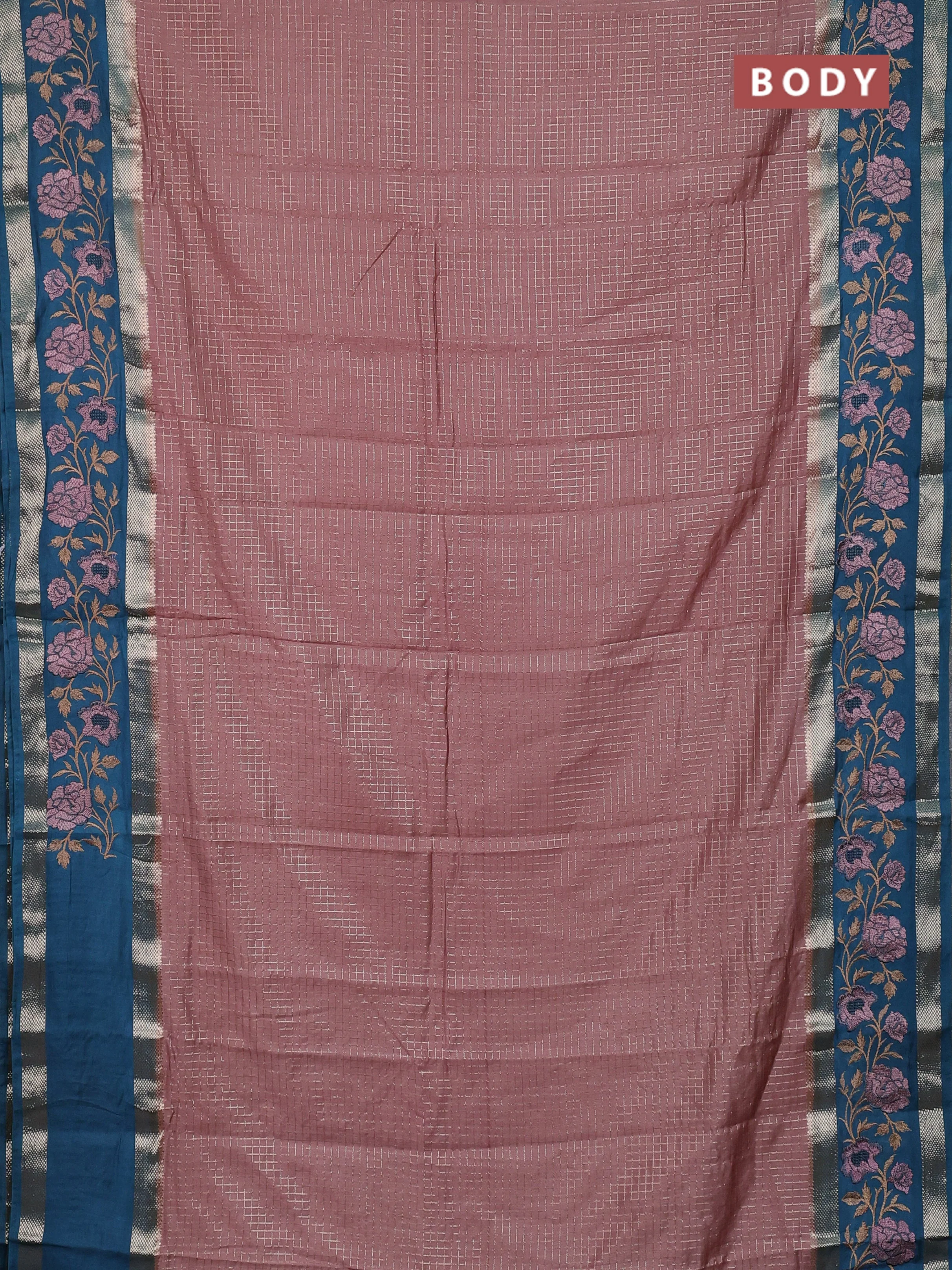 Semi chanderi saree pastel peach and peacock green with allover zari woven checked pattern and embroidery zari border - Image 2