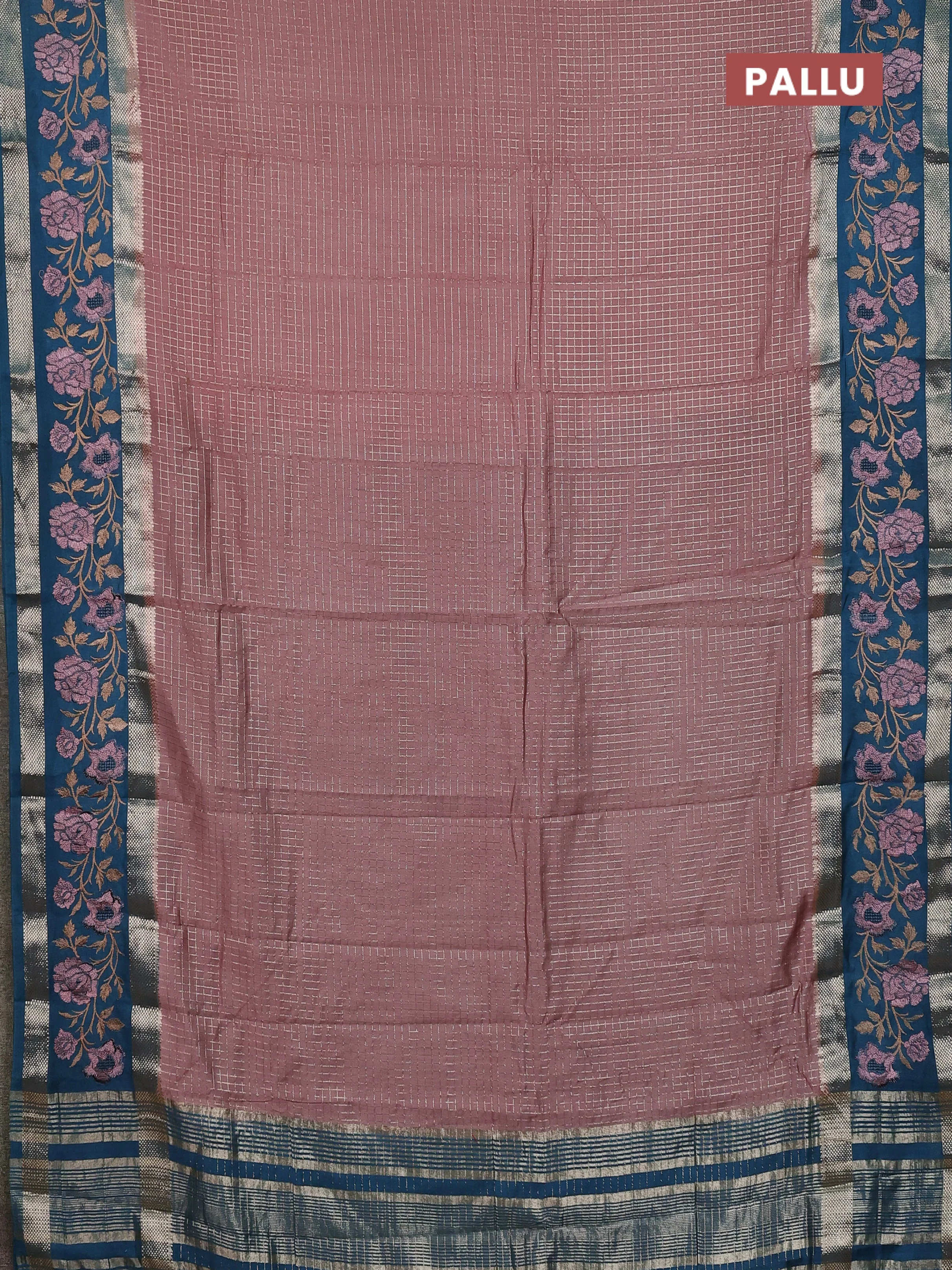 Semi chanderi saree pastel peach and peacock green with allover zari woven checked pattern and embroidery zari border - Image 3