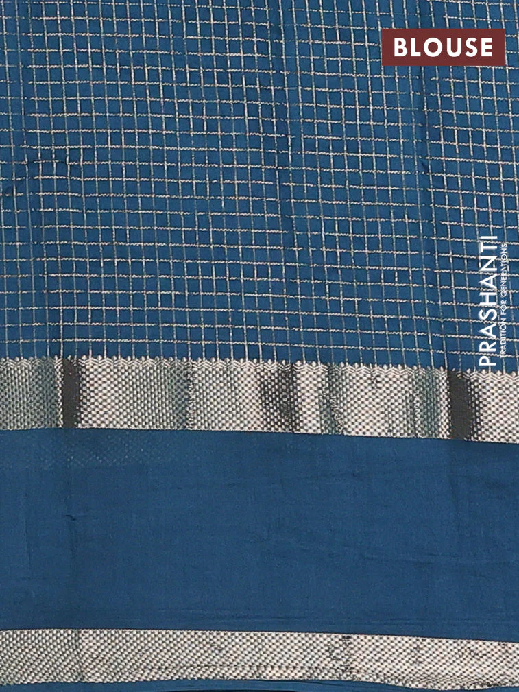 Semi chanderi saree pastel peach and peacock green with allover zari woven checked pattern and embroidery zari border - Image 4