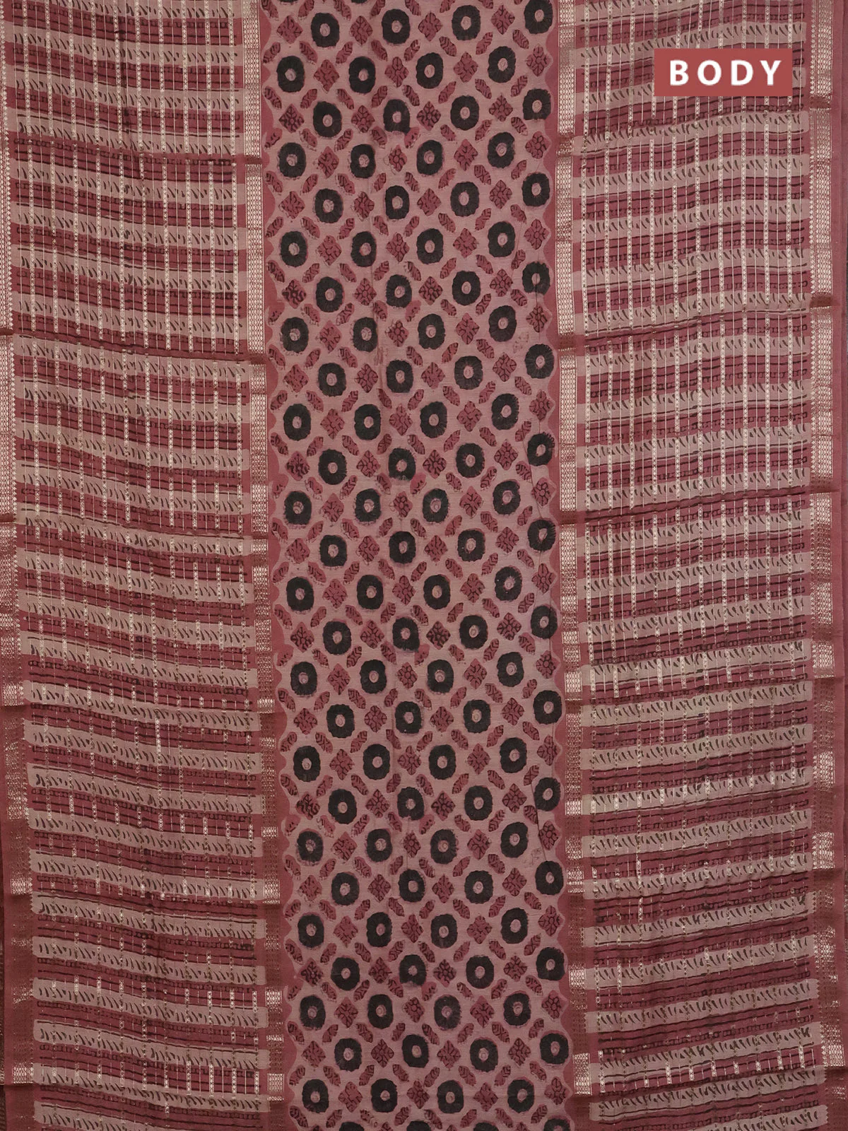 Semi chanderi saree pastel peach shade with allover ajrakh prints and long printed zari border - Image 2