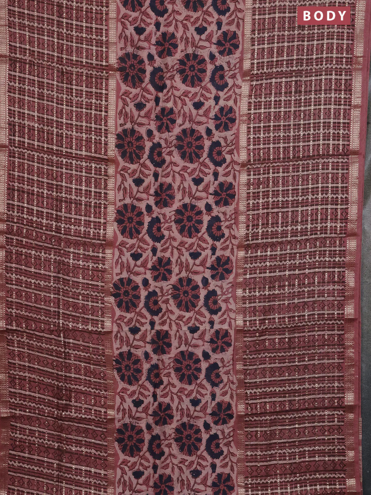 Semi chanderi saree pastel peach  with allover kalamkari prints and long printed zari border - Image 2