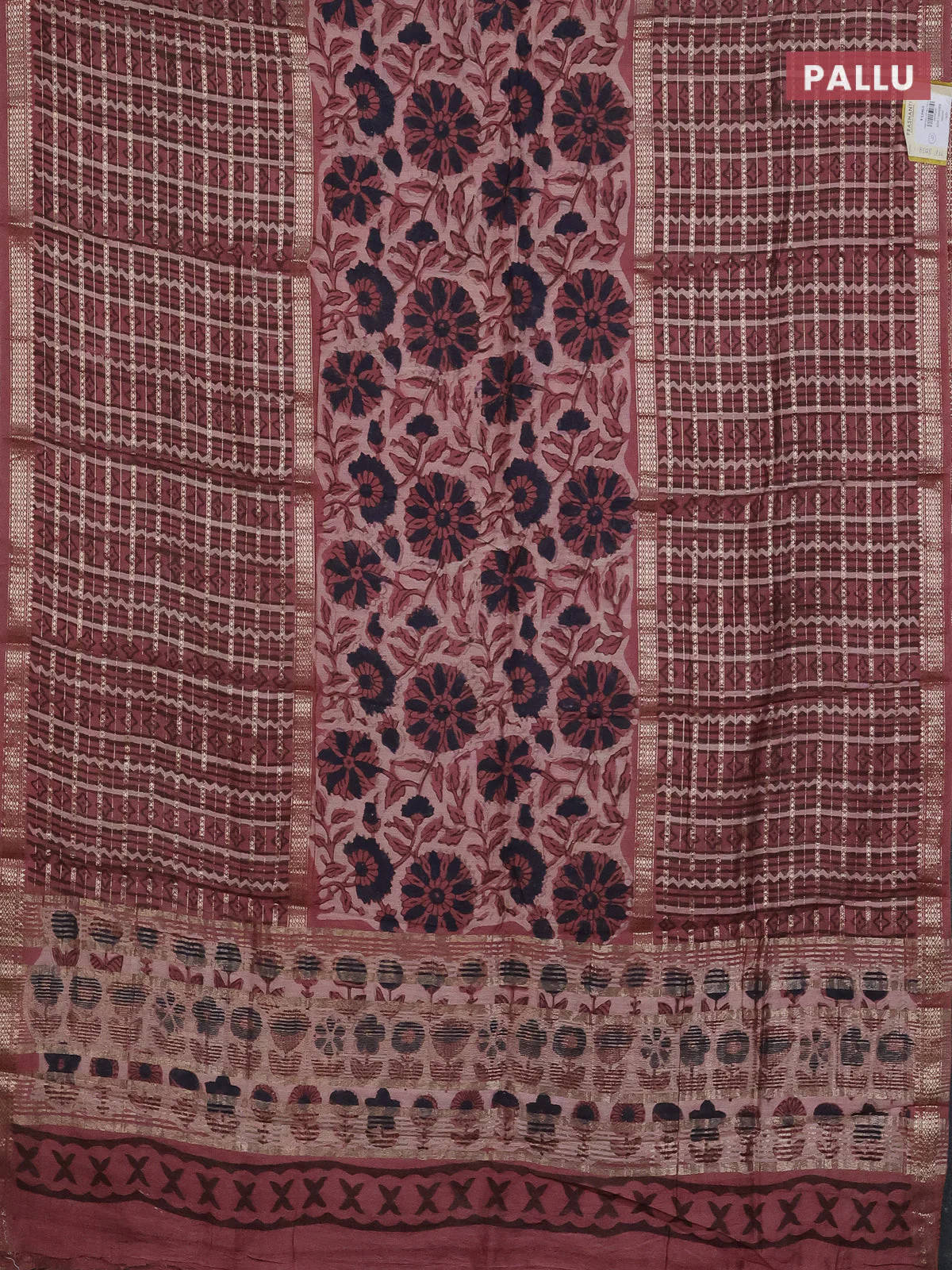 Semi chanderi saree pastel peach  with allover kalamkari prints and long printed zari border - Image 3