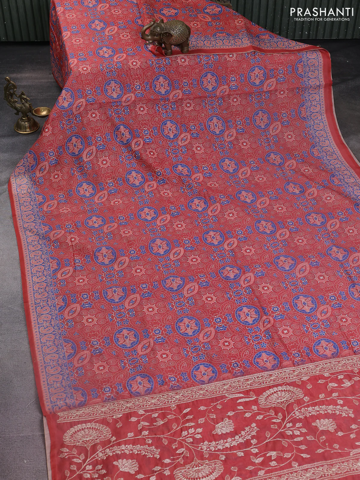 Semi chanderi saree peach orange with allover ajrakh prints and embroidery pallu - Image 2