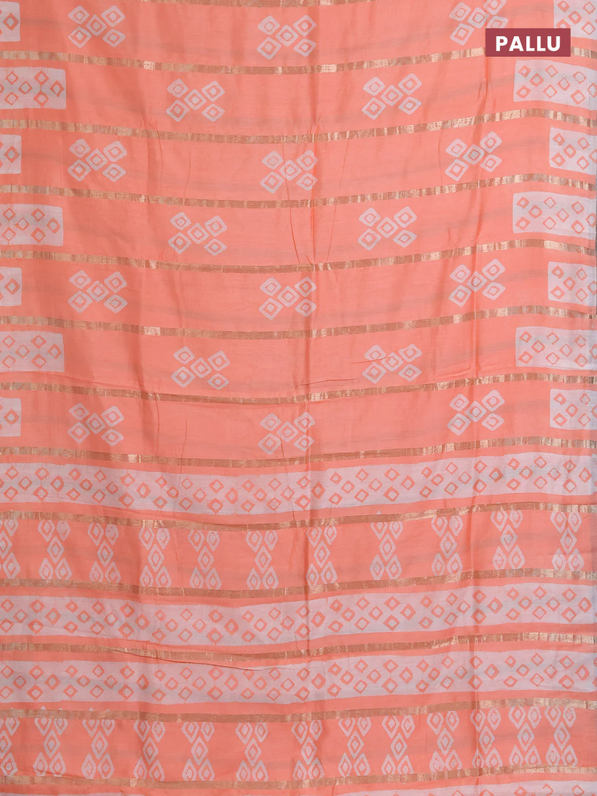 Semi chanderi saree peach orange with allover zari strips & batik butta prints in borderless style - Image 3