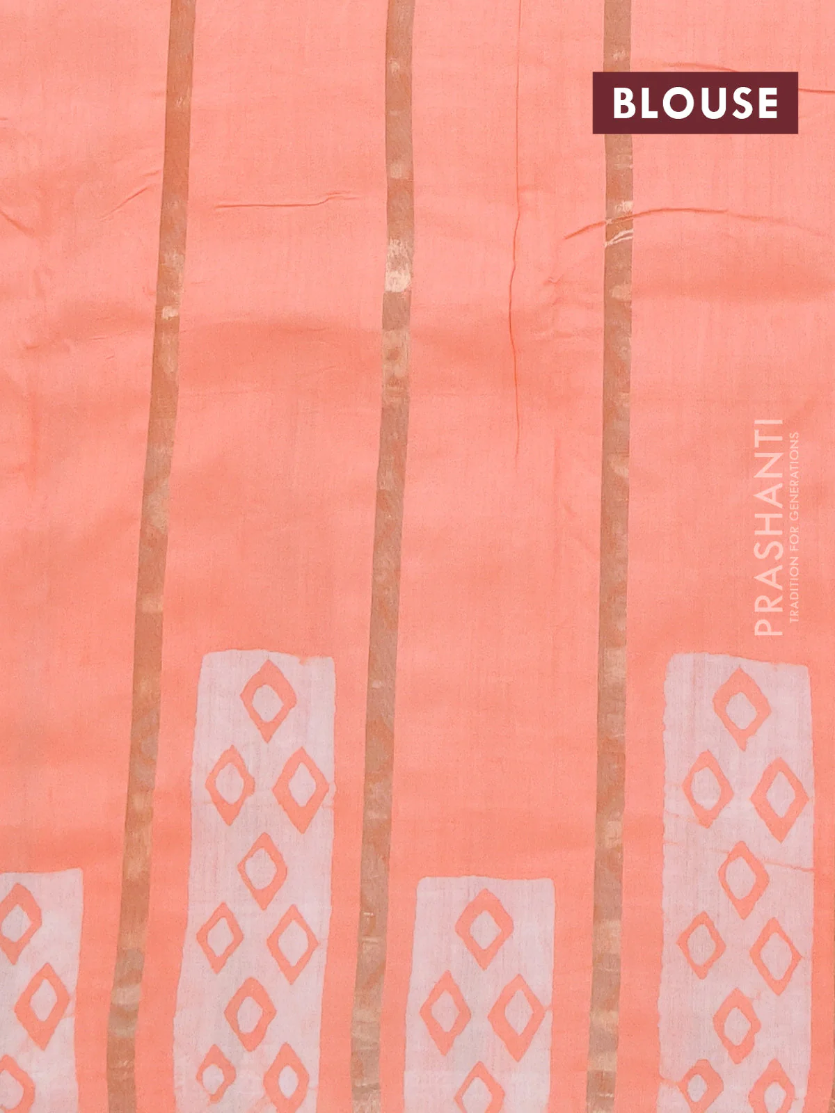 Semi chanderi saree peach orange with allover zari strips & batik butta prints in borderless style - Image 4