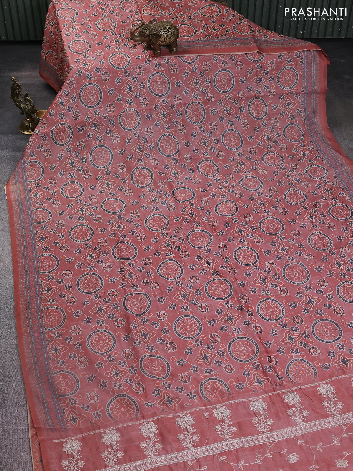 Semi chanderi saree peach shade with allover prints and embroidery pallu - Image 2