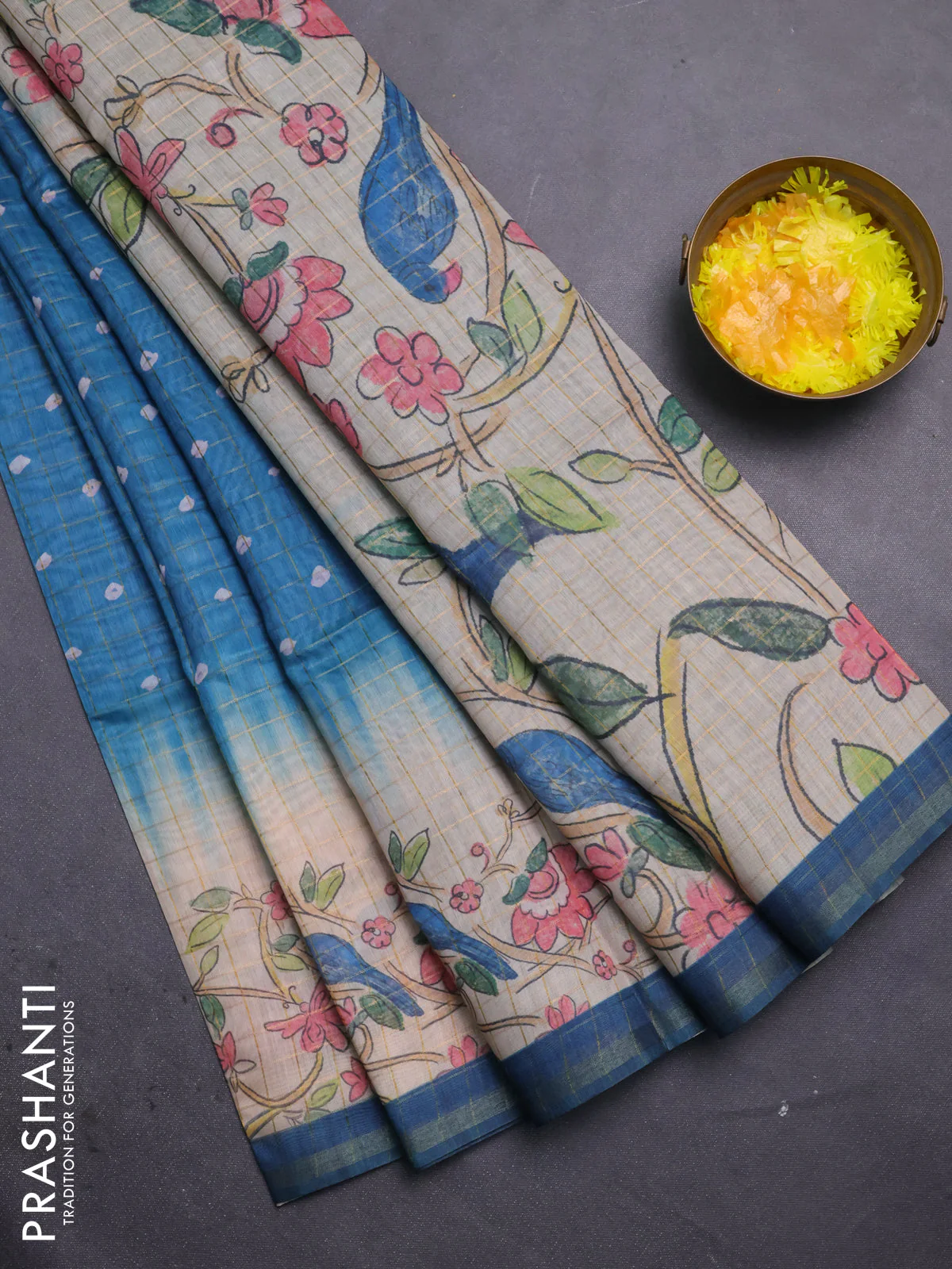 Semi chanderi saree peacock blue and beige with allover zari woven checked pattern & bandhani prints and printed pallu
