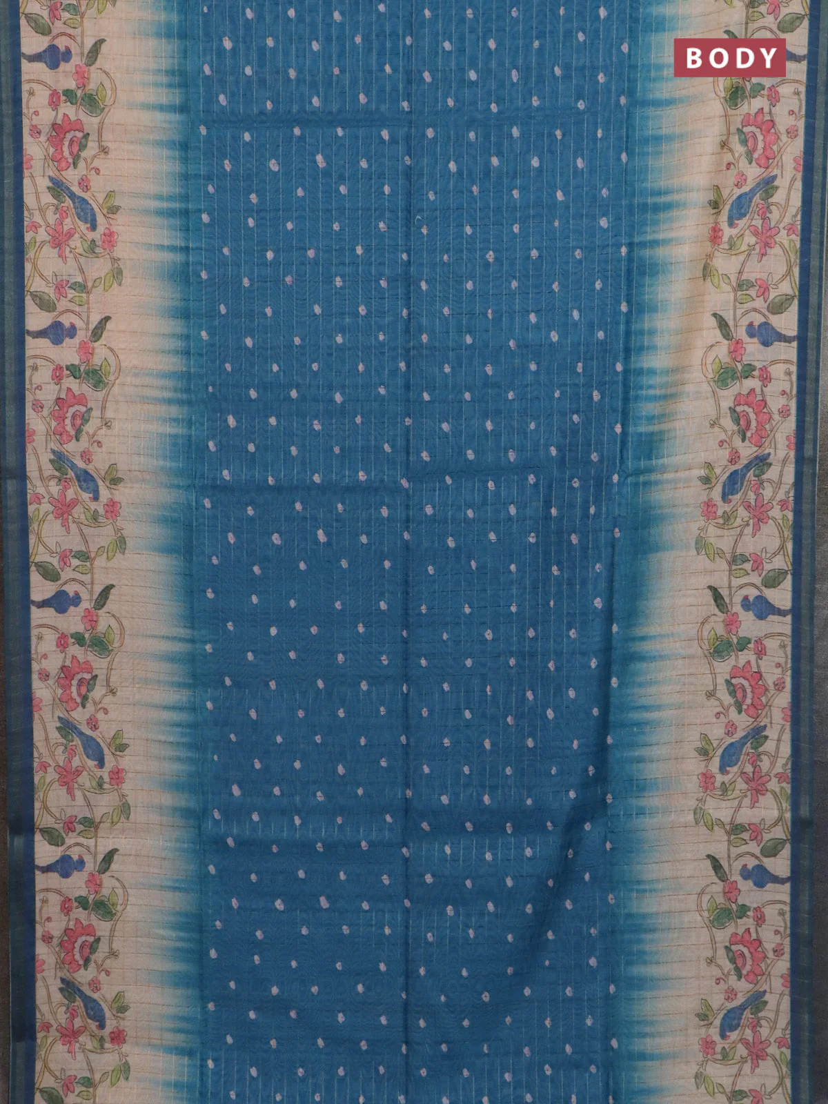 Semi chanderi saree peacock blue and beige with allover zari woven checked pattern & bandhani prints and printed pallu - Image 2