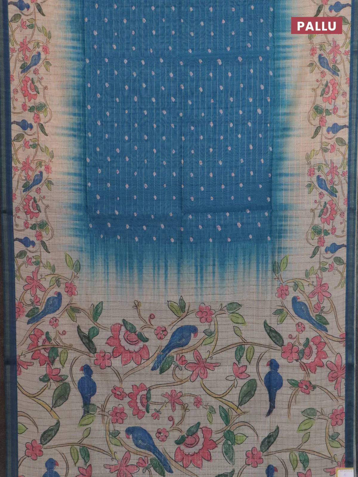 Semi chanderi saree peacock blue and beige with allover zari woven checked pattern & bandhani prints and printed pallu - Image 3