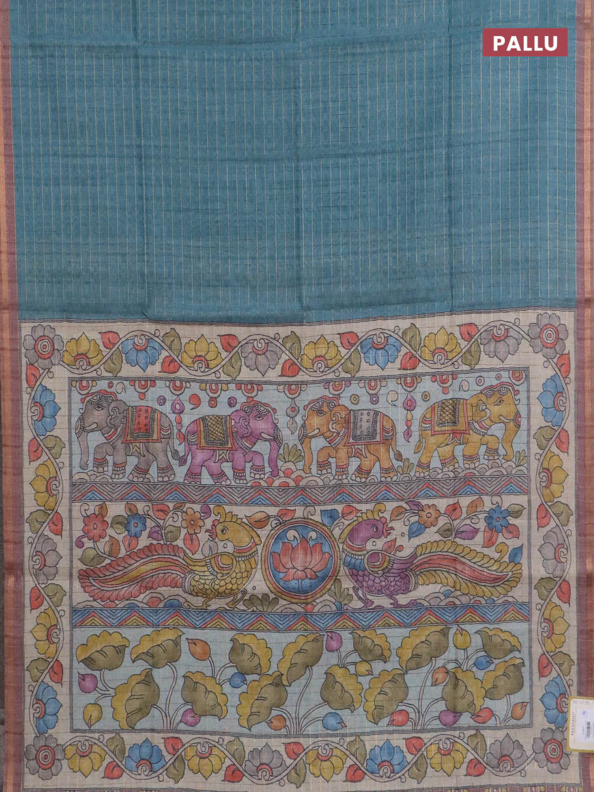 Semi chanderi saree peacock green shade and brown with allover zari woven checked pattern and kalamkari printed pallu - Image 3