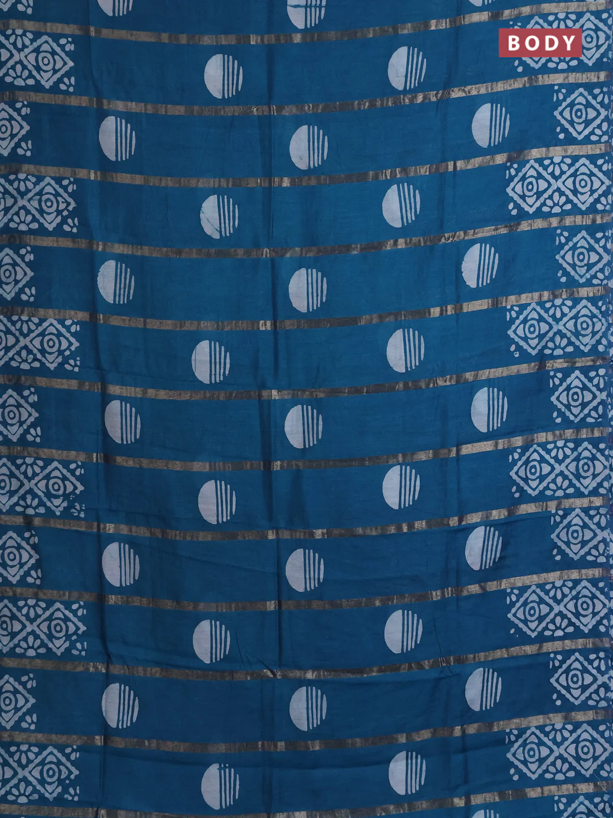 Semi chanderi saree peacock green with allover zari strips & batik butta prints in borderless style - Image 2