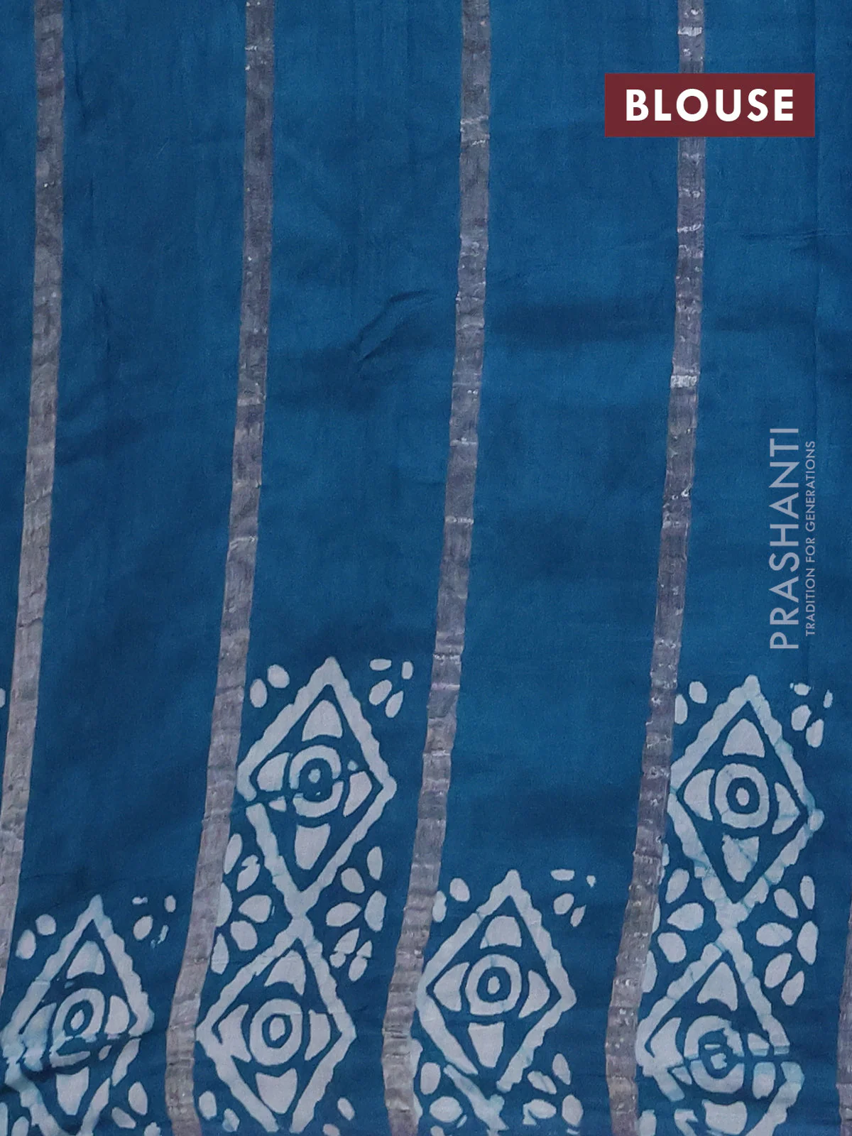 Semi chanderi saree peacock green with allover zari strips & batik butta prints in borderless style - Image 4