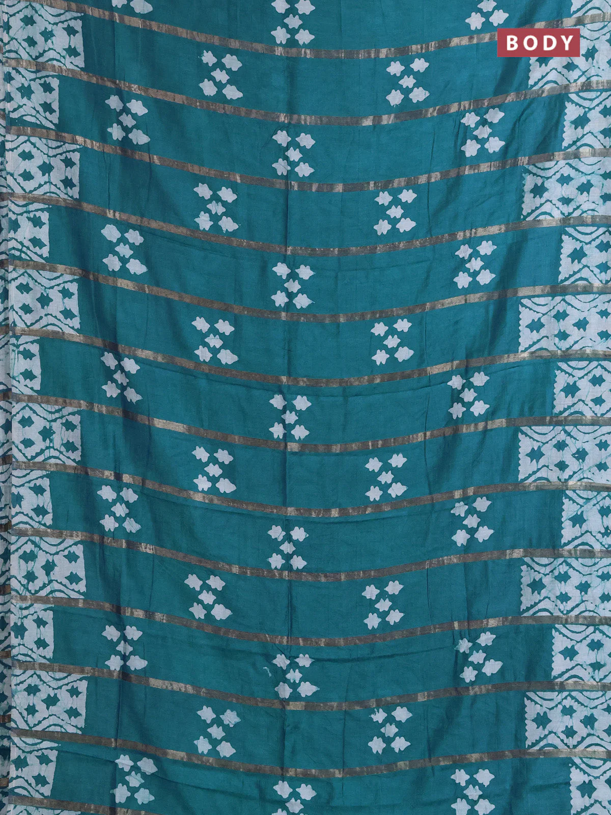 Semi chanderi saree peacock green with allover zari strips & batik butta prints in borderless style - Image 2