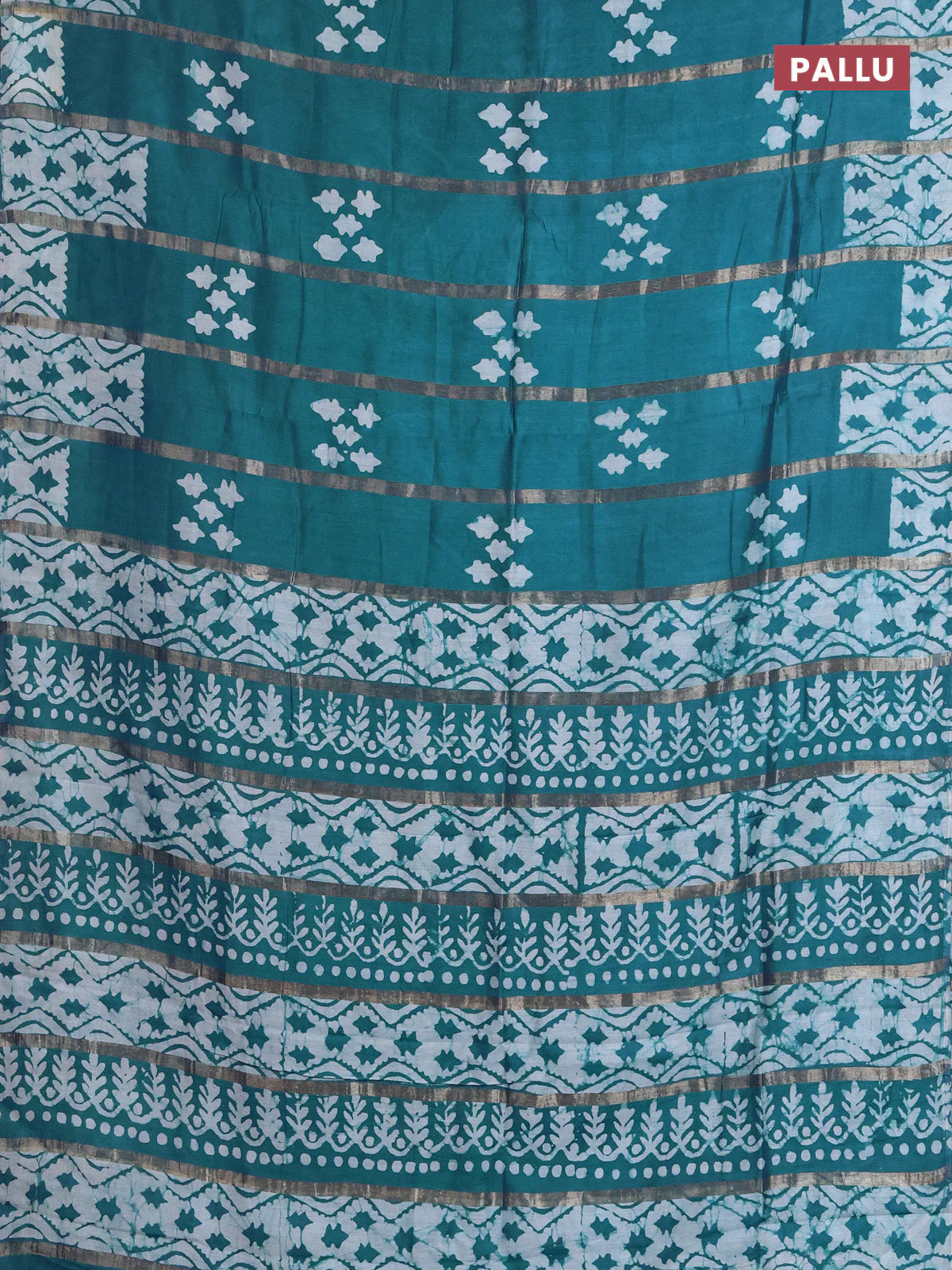Semi chanderi saree peacock green with allover zari strips & batik butta prints in borderless style - Image 3
