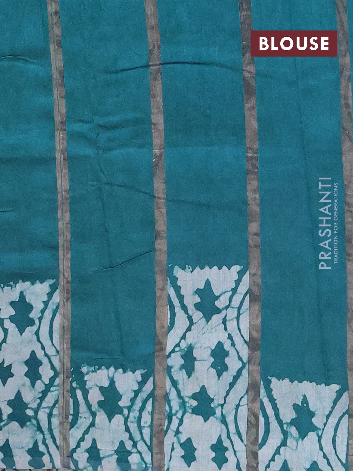 Semi chanderi saree peacock green with allover zari strips & batik butta prints in borderless style - Image 4