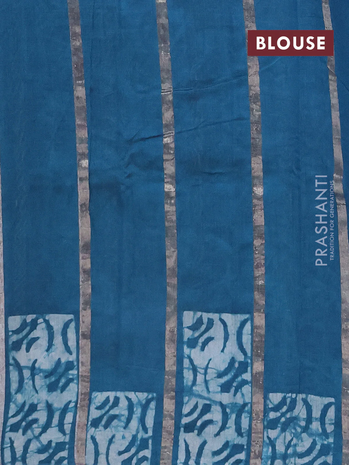 Semi chanderi saree peacock green with allover zari strips & batik butta prints in borderless style - Image 4