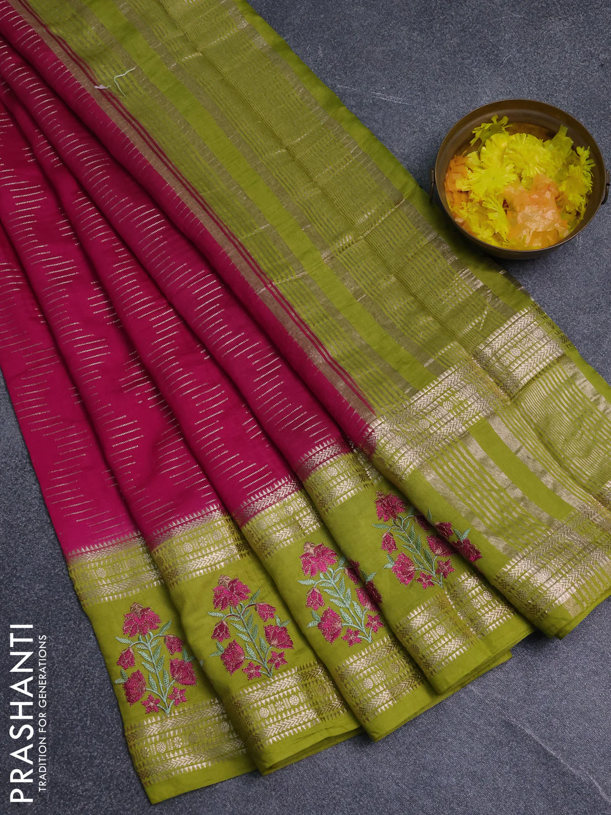 Semi chanderi saree pink and light green with allover zari weaves and embroidery zari border